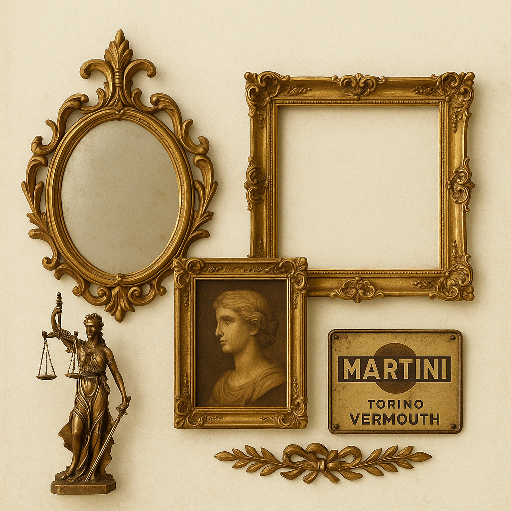 Barok gouden spiegel, vergulde lijsten met klassiek portret, vintage Martini wandplaat en laurierornament op ivoorwitte achtergrond – VntiQue, collectie Decoratie & Wand.