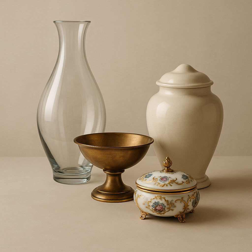 Sierobjecten – mix van glas, porselein en brons – vaas, schaal en sieradendoos op dressoir