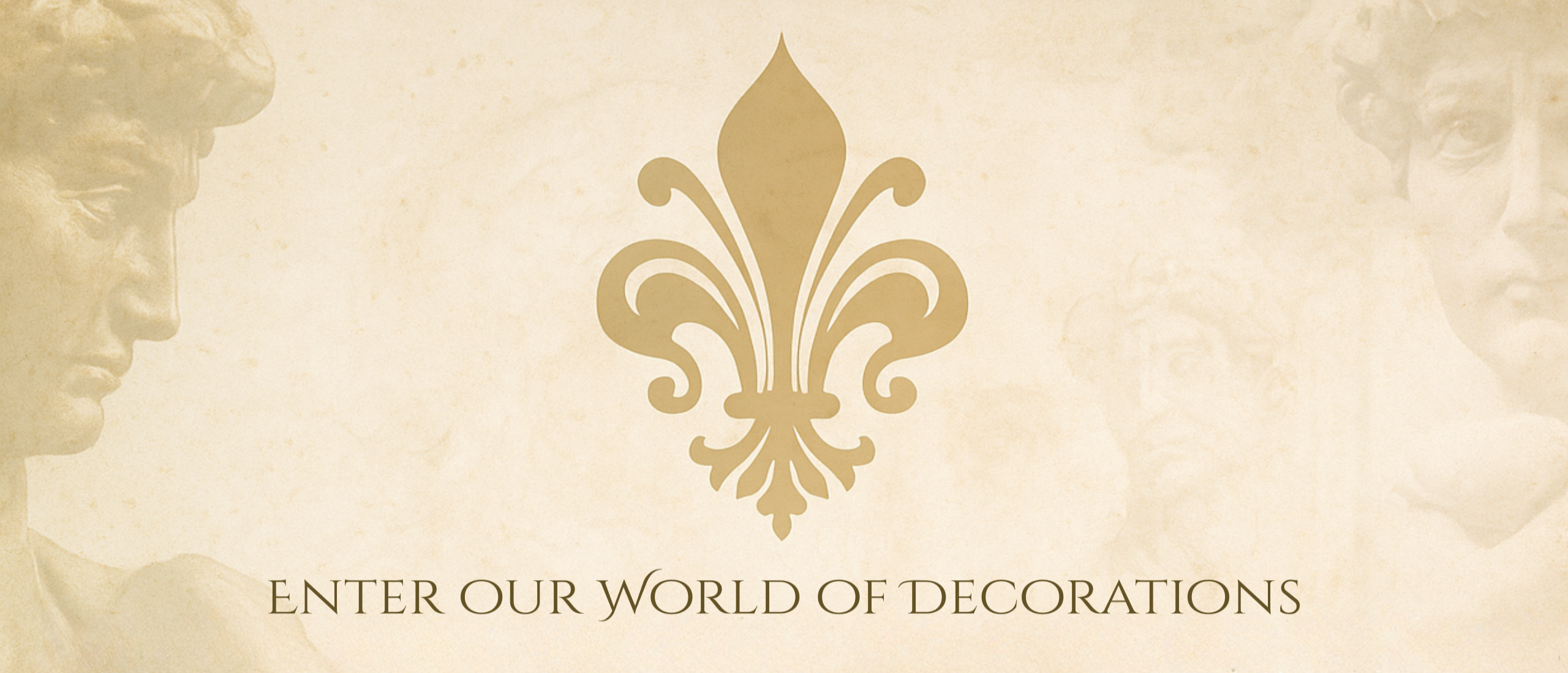Banner van VntiQue met het logo van de fleur de lis met de tekst Enter our World of Decorations