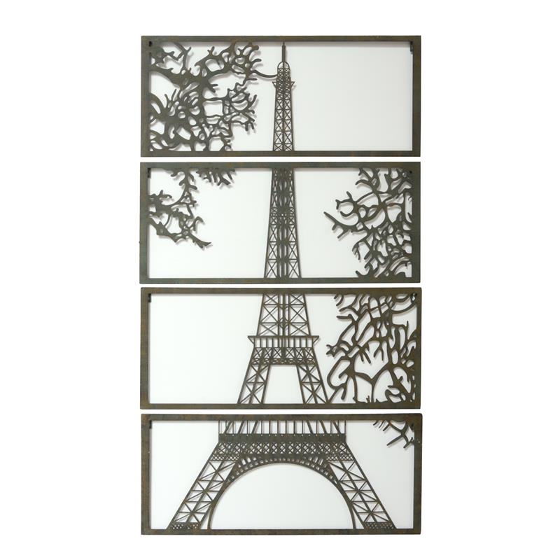 Vier ijzeren wandpanelen die samen de Eiffeltoren vormen met decoratieve takken, totaalformaat 120 bij 70 cm.
