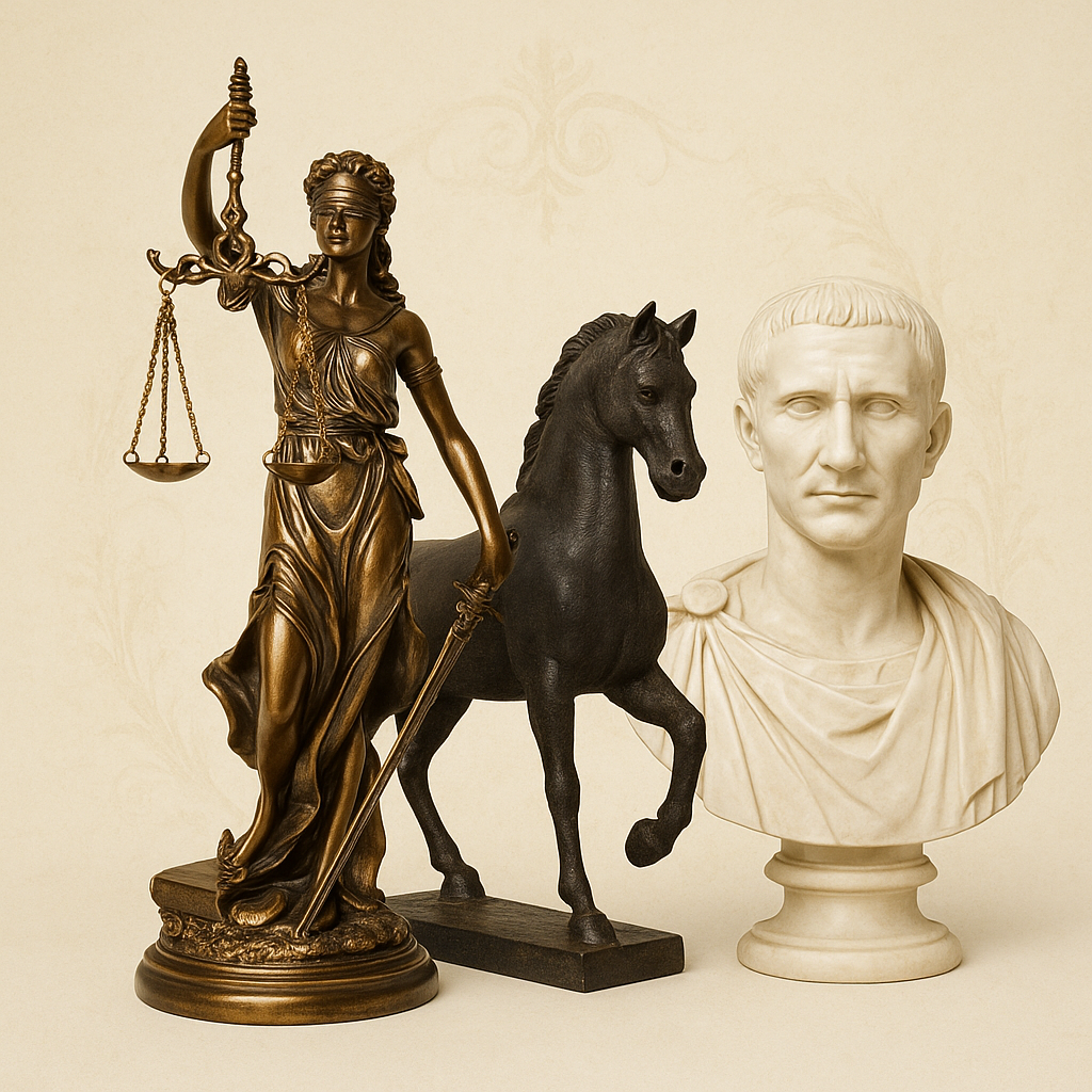 Bronzen Vrouwe Justitia met weegschaal, gietijzeren paard en marmeren buste van Julius Caesar op ivoorwitte achtergrond – VntiQue.