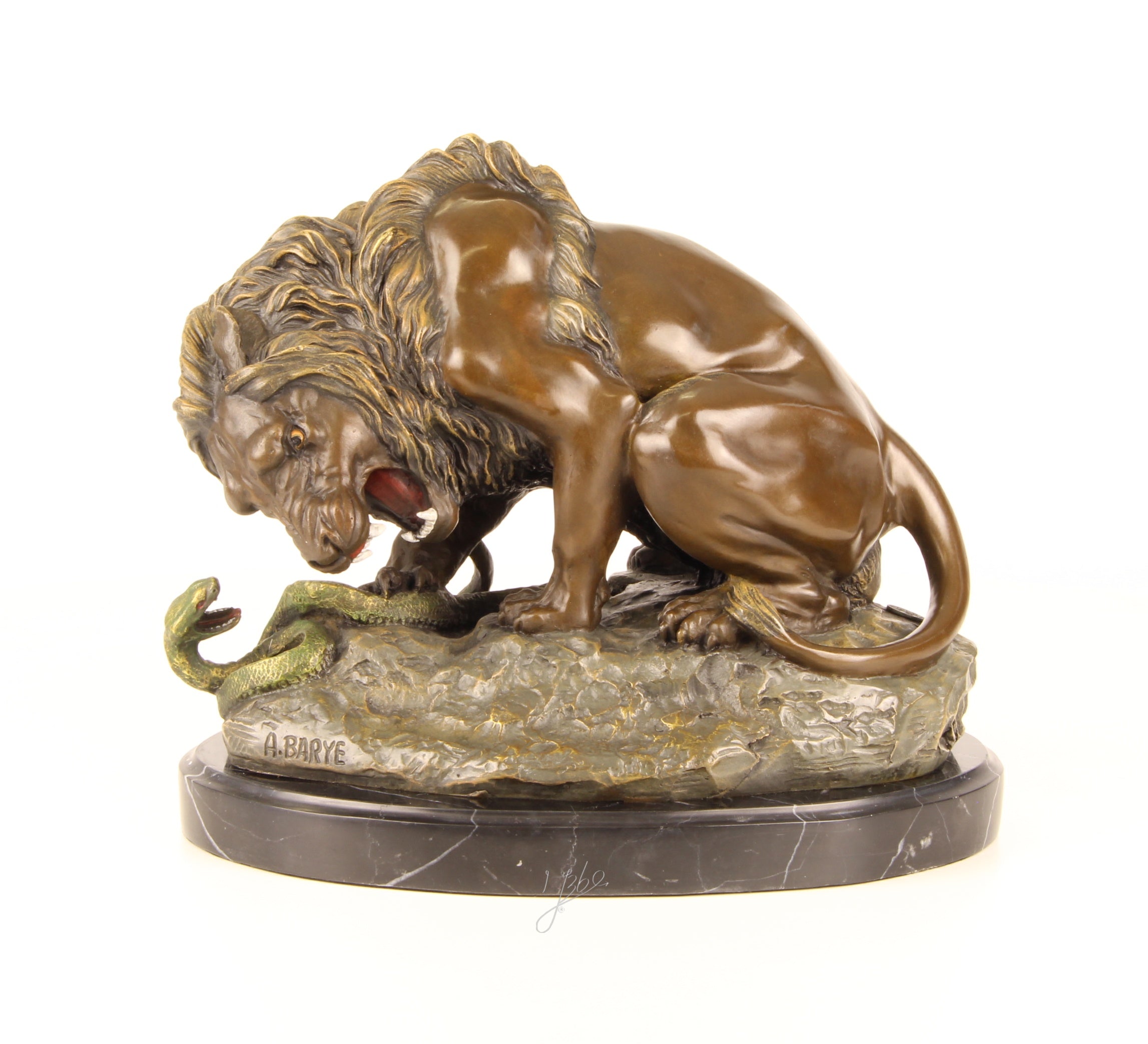 Leeuw met Slang – Bronzen beeld op marmer – 24 cm