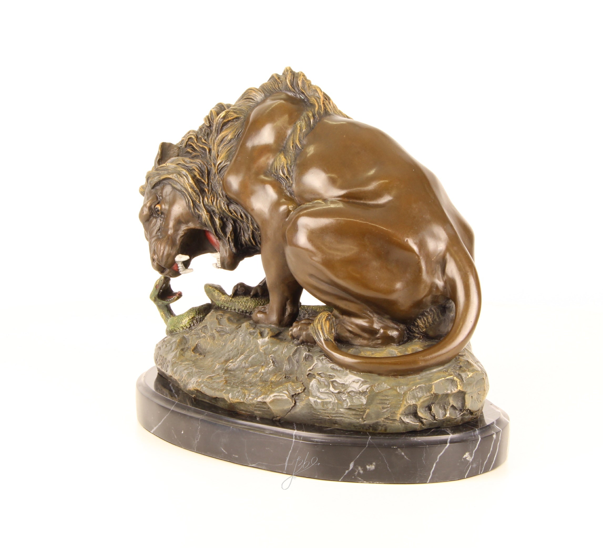Leeuw met Slang – Bronzen beeld op marmer – 24 cm