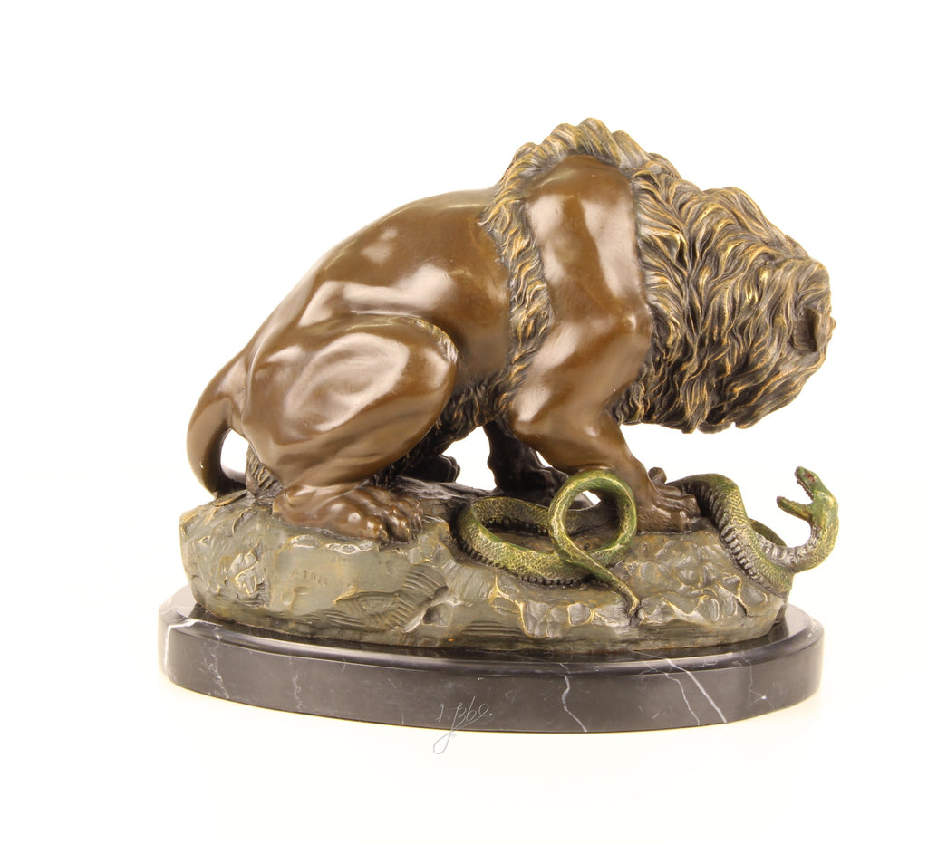 Leeuw met Slang – Bronzen beeld op marmer – 24 cm