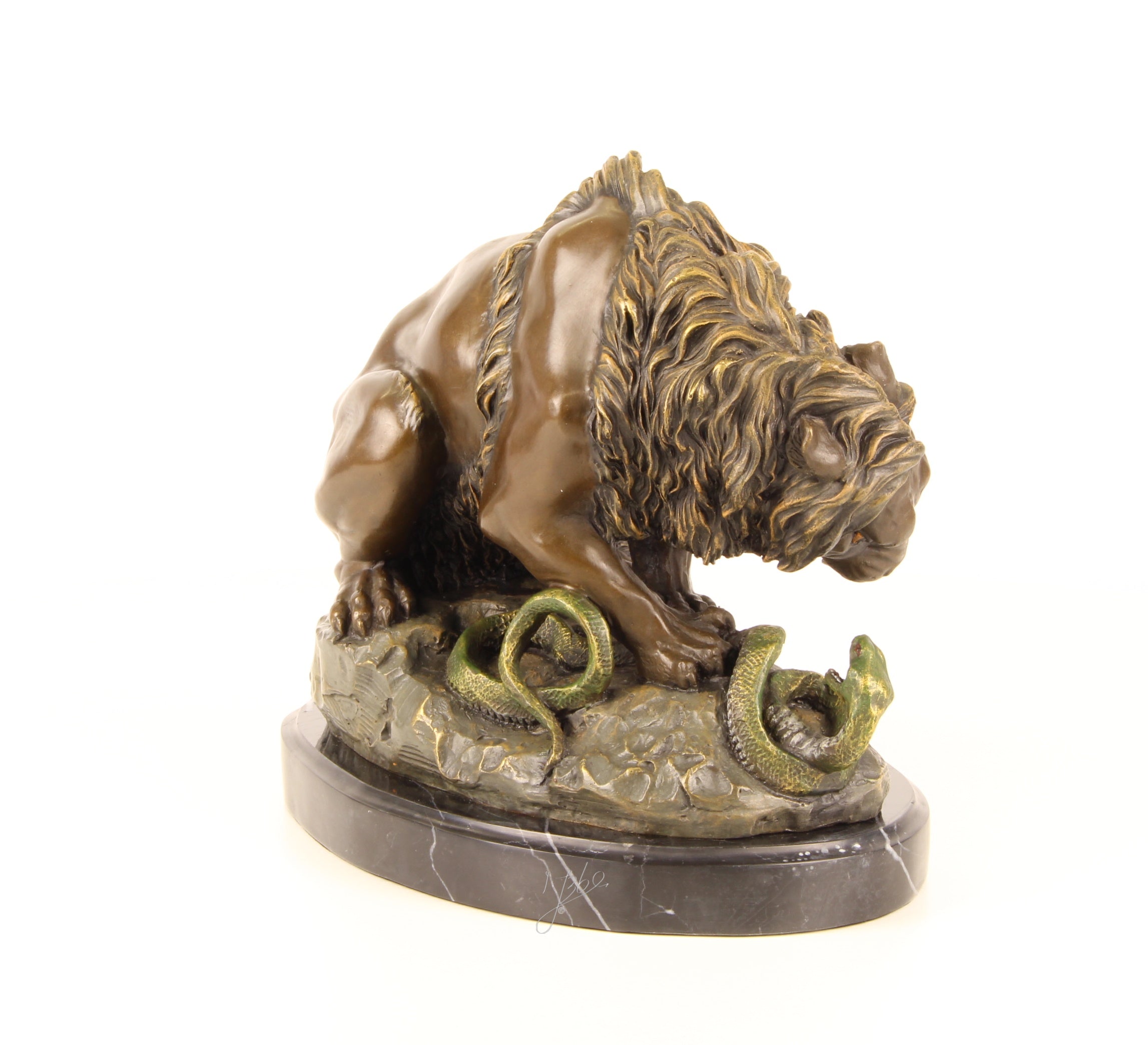 Leeuw met Slang – Bronzen beeld op marmer – 24 cm