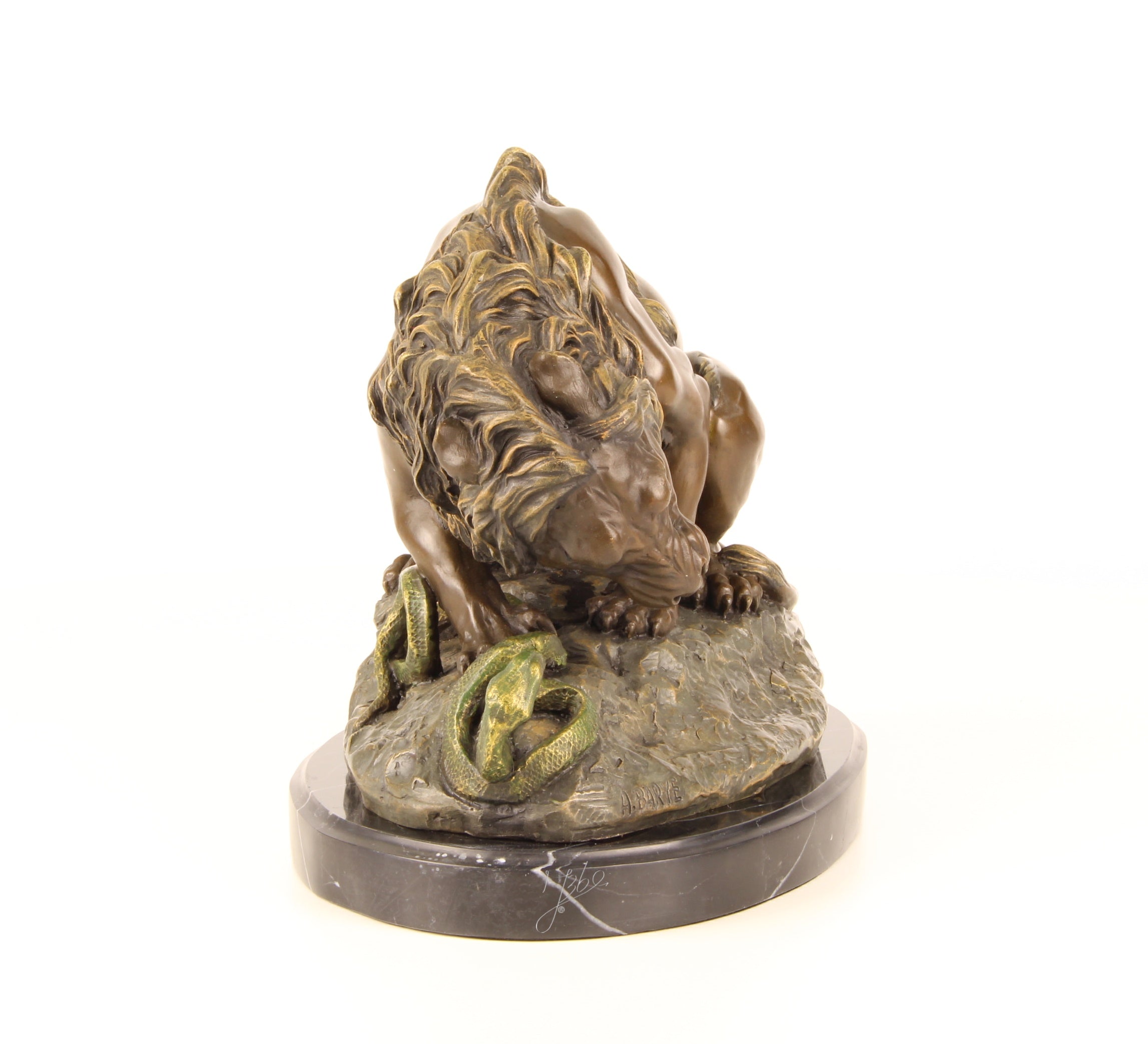Leeuw met Slang – Bronzen beeld op marmer – 24 cm
