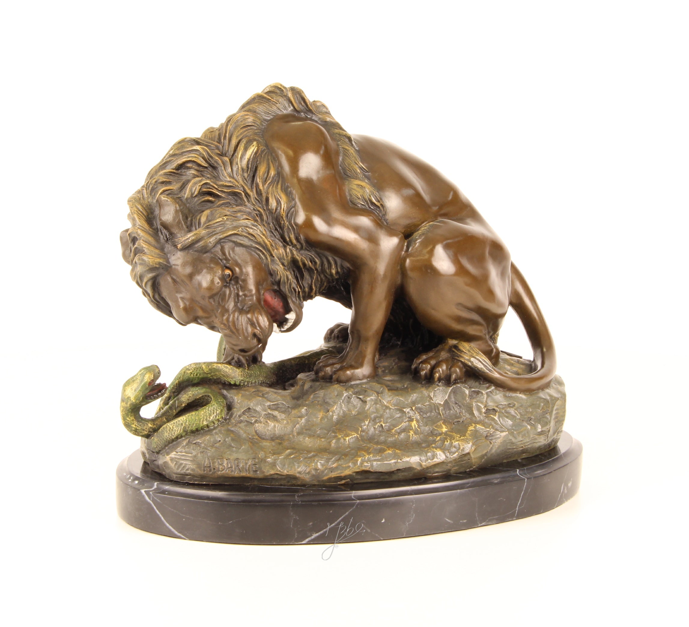 Leeuw met Slang – Bronzen beeld op marmer – 24 cm