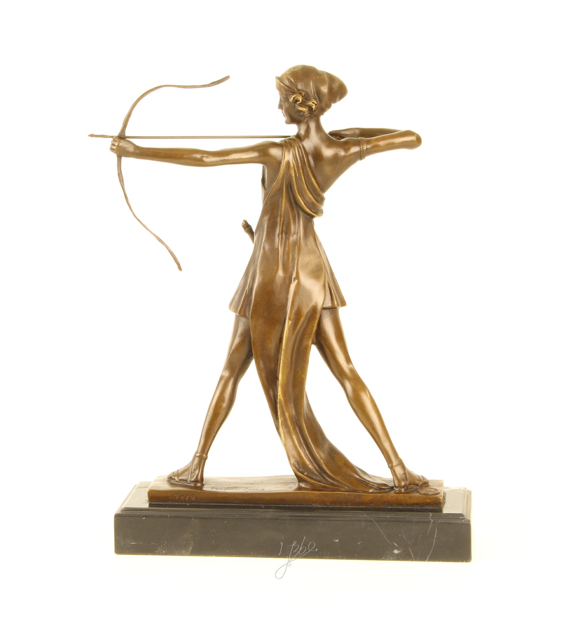 Diana de Jachtgodin – Bronzen beeld, marmer – 32,8 cm