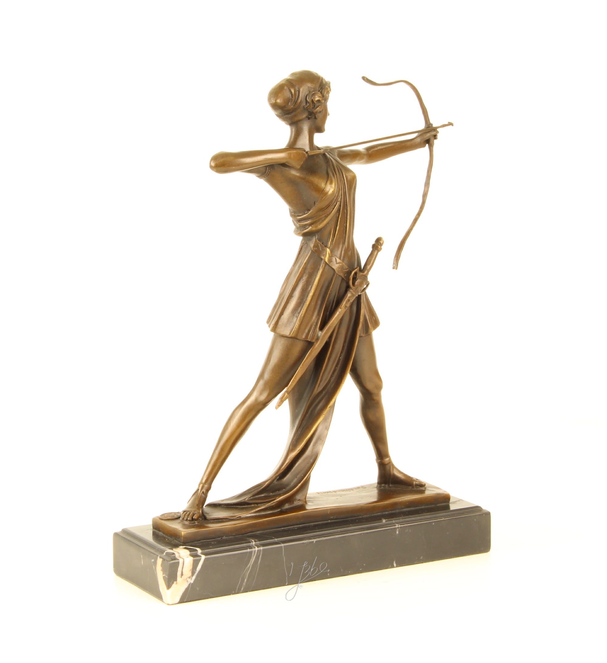 Diana de Jachtgodin – Bronzen beeld, marmer – 32,8 cm
