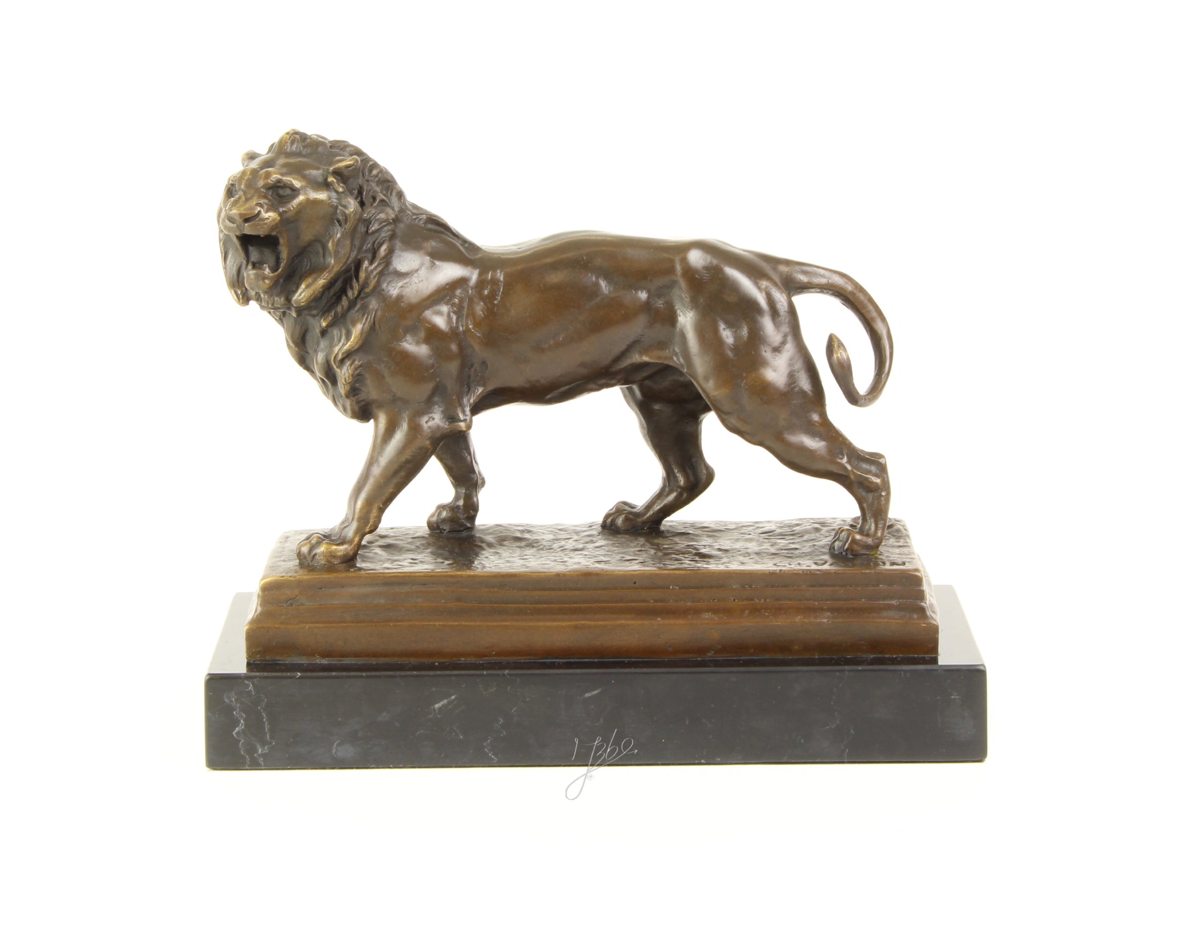 Bronzen leeuw sculptuur – op marmeren sokkel
