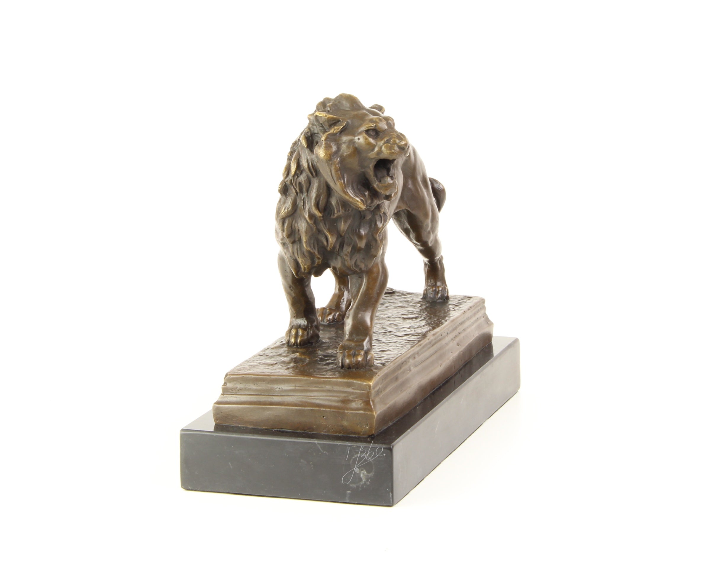 Bronzen leeuw sculptuur – op marmeren sokkel