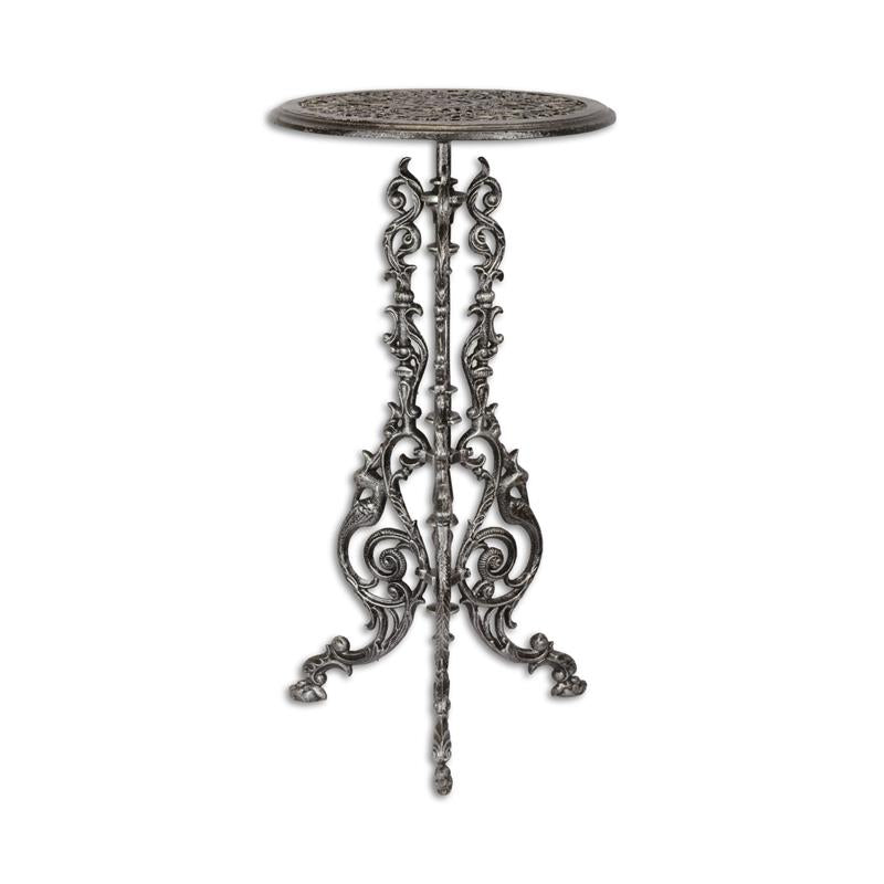 Gietijzeren plantentafel in oud-zilver met sierlijk onderstel – Ø38 × 69 cm – VntiQue