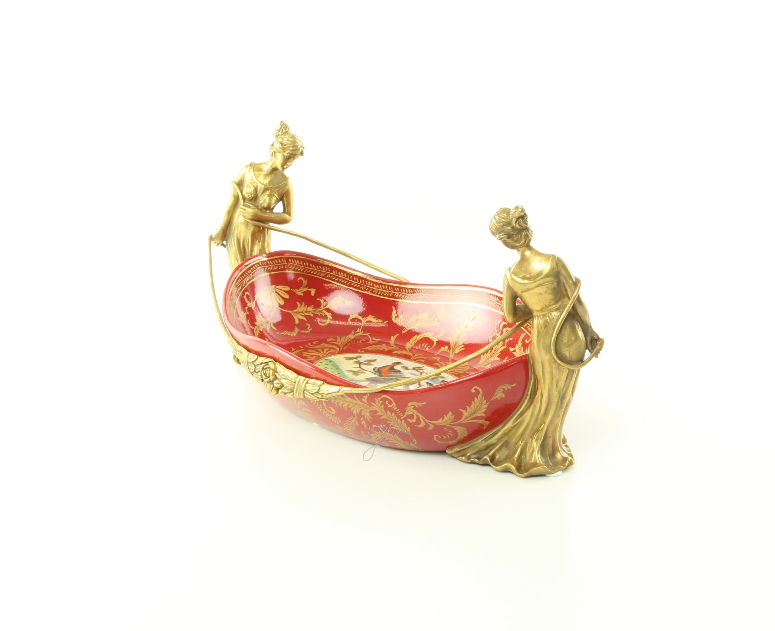 Porseleinen schaal met bronzen monturen – rood/goud