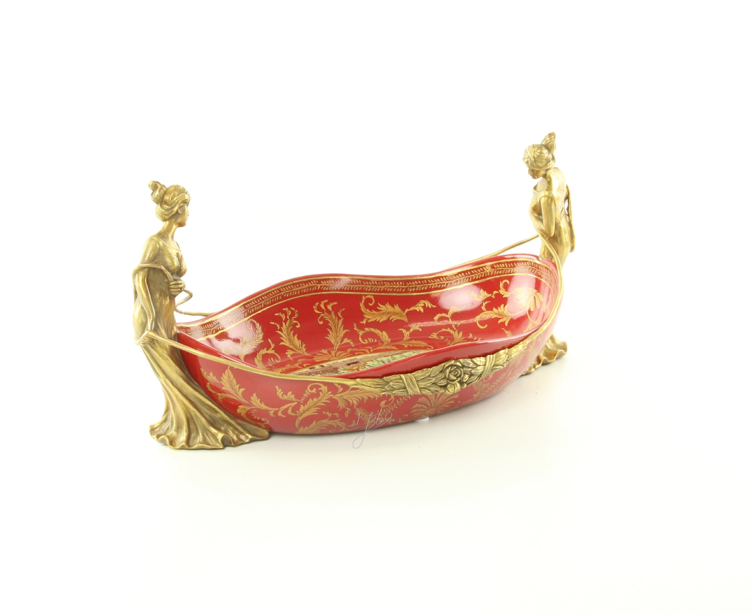 Porseleinen schaal met bronzen monturen – rood/goud