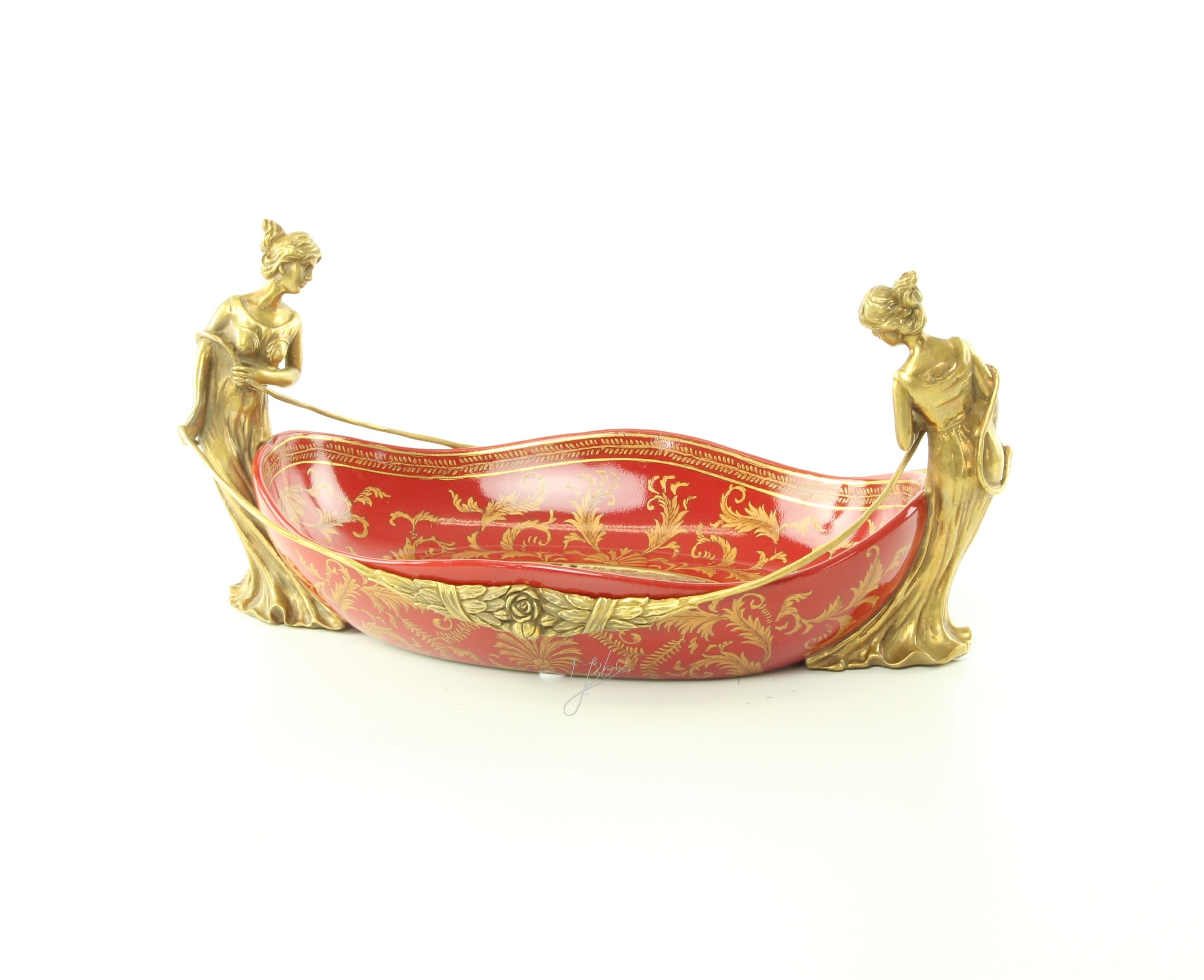 Porseleinen schaal met bronzen monturen – rood/goud