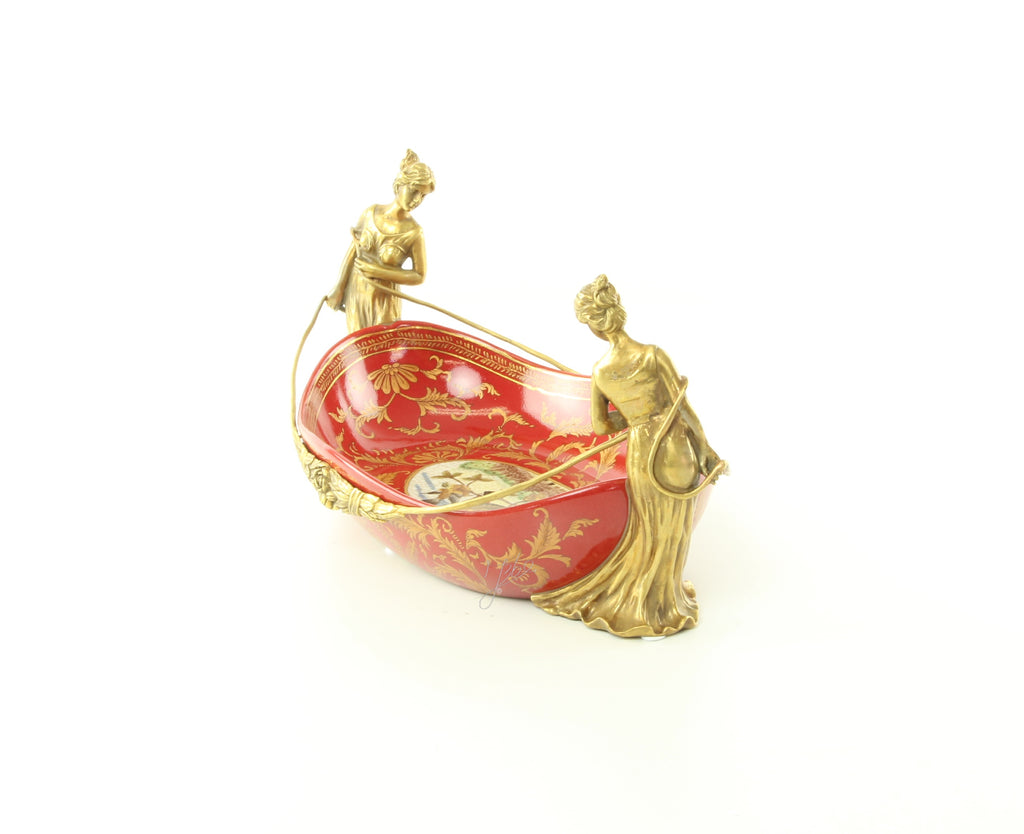 Porseleinen schaal met bronzen monturen – rood/goud