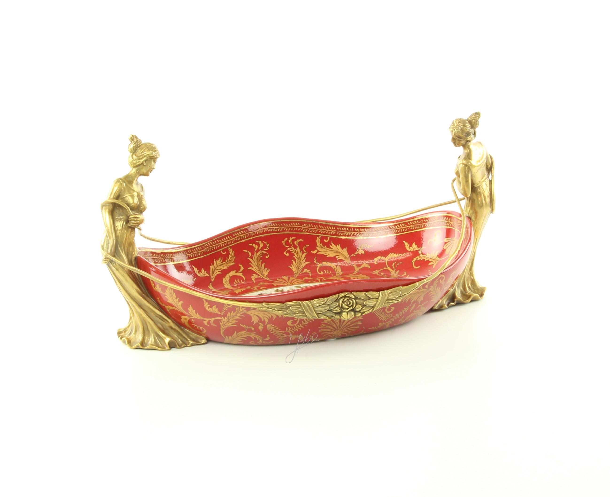 Porseleinen schaal met bronzen monturen – rood/goud