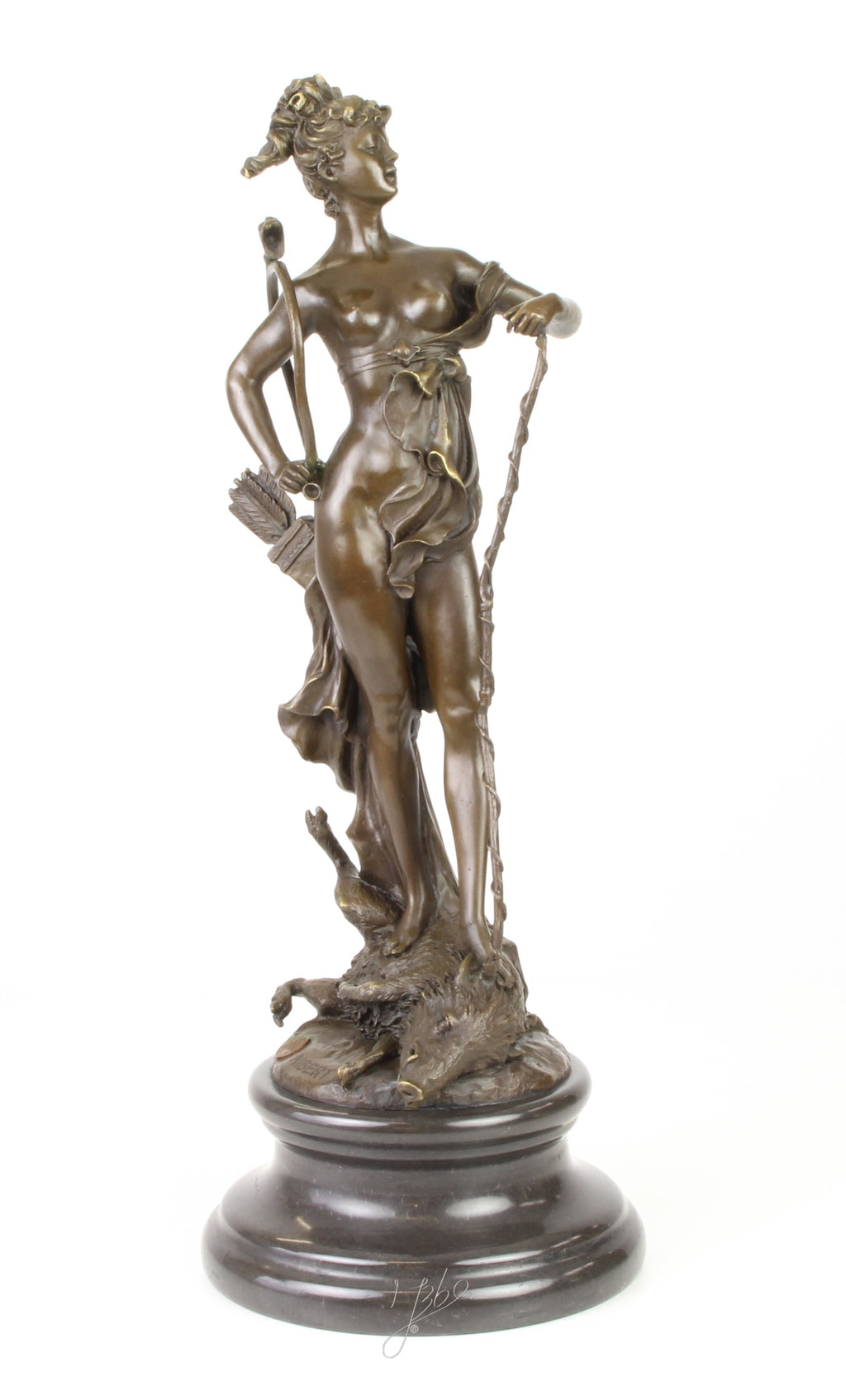 Bronzen Diana met boog - marmeren sokkel