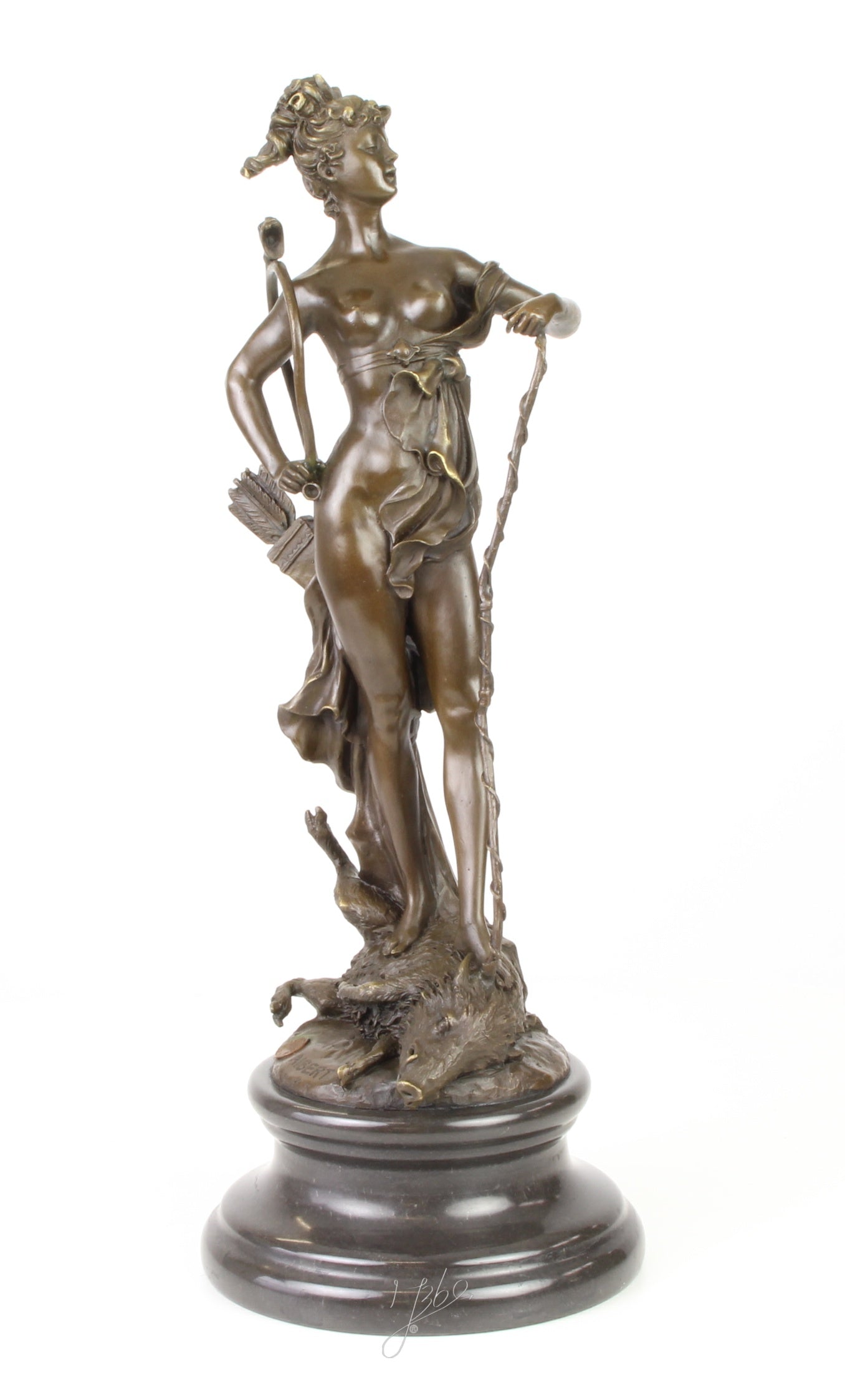 Bronzen Diana met boog - marmeren sokkel
