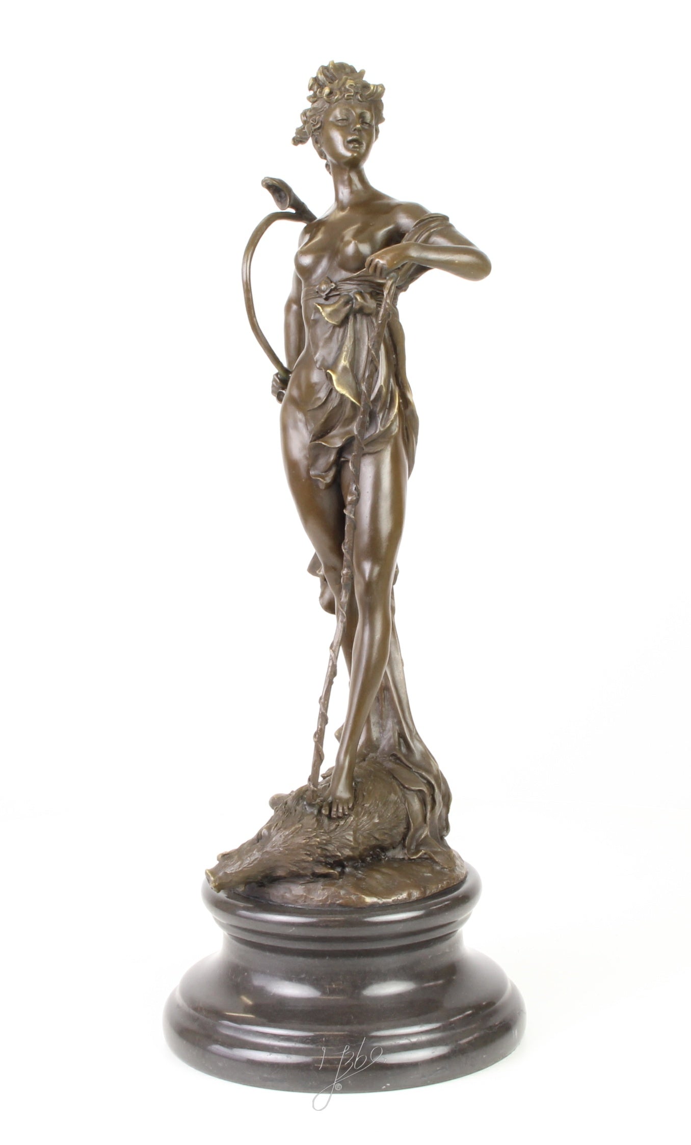 Bronzen Diana met boog - marmeren sokkel