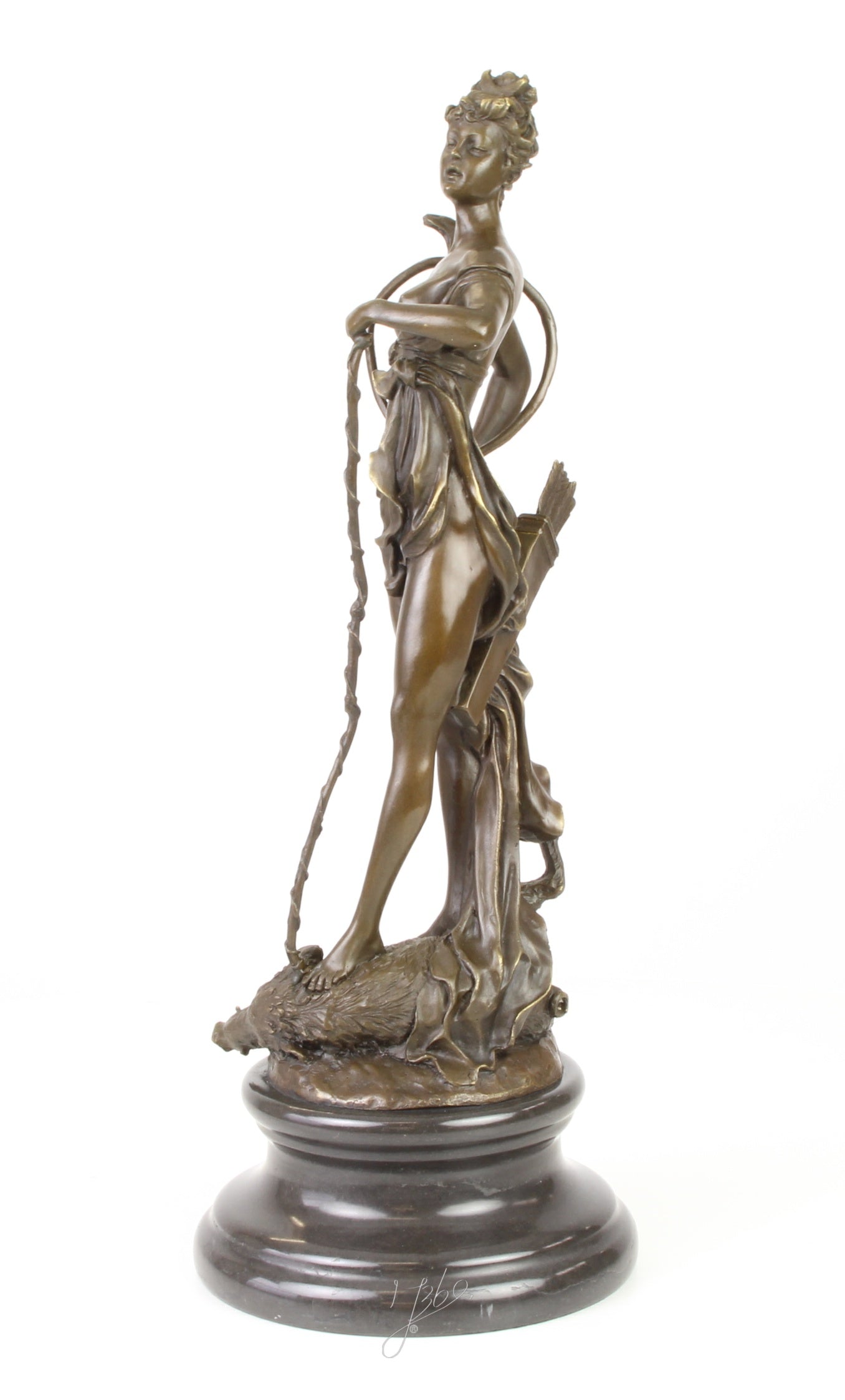 Bronzen Diana met boog - marmeren sokkel
