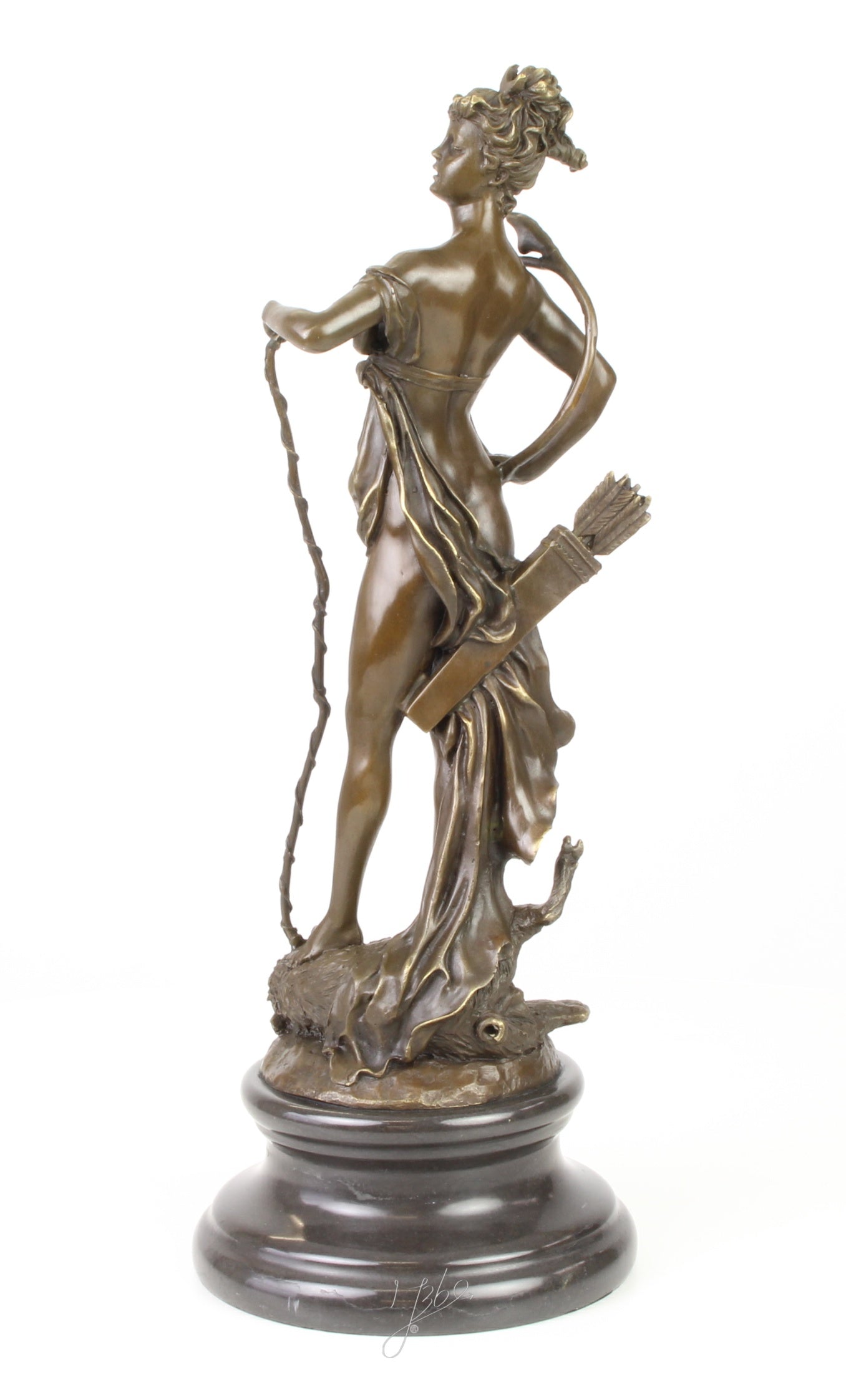 Bronzen Diana met boog - marmeren sokkel