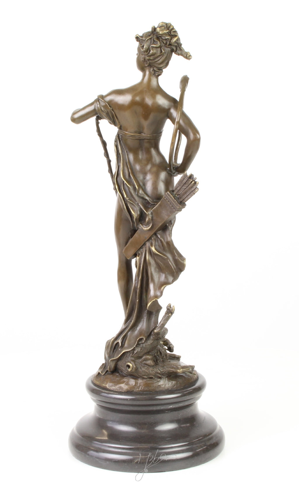 Bronzen Diana met boog - marmeren sokkel