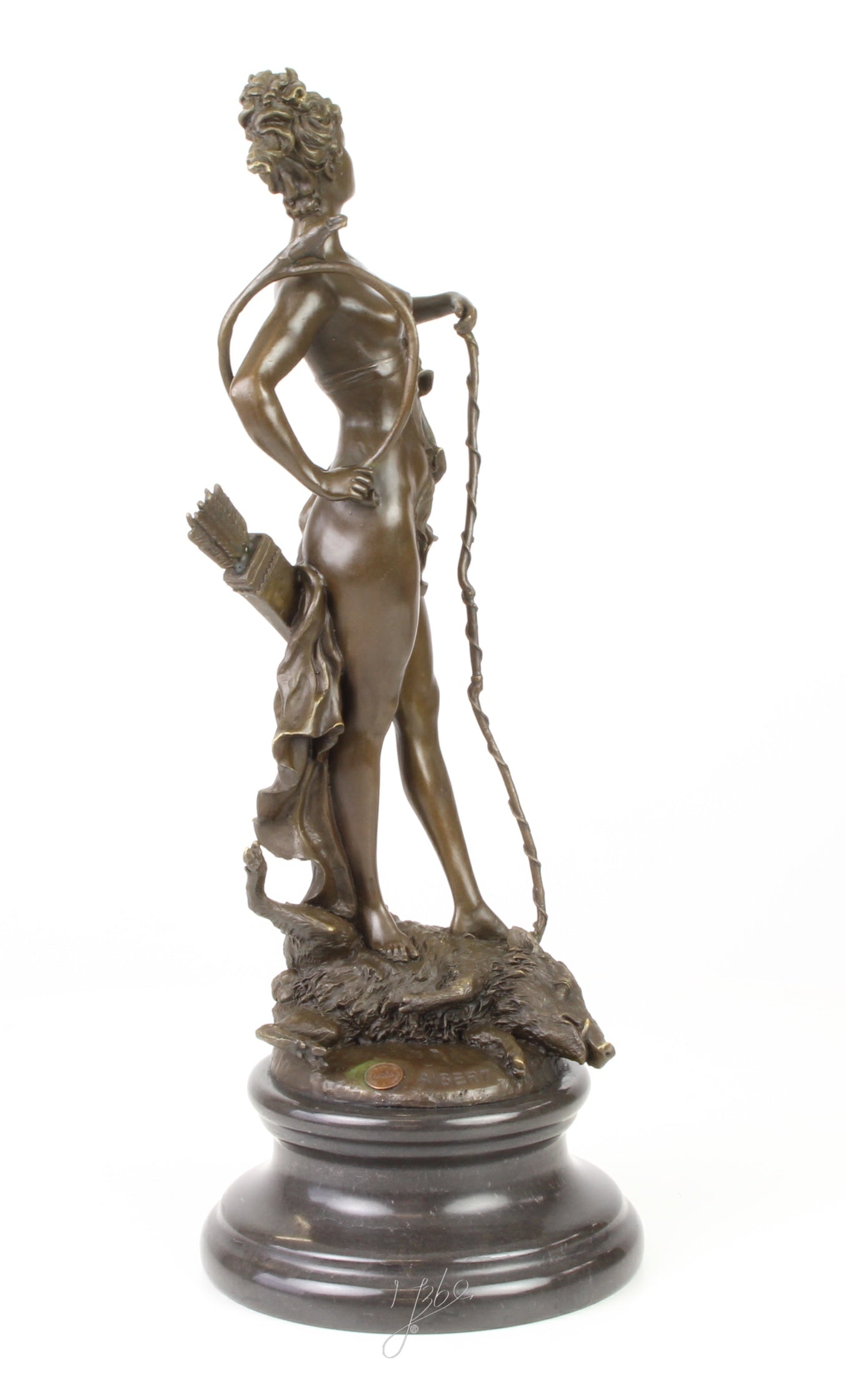 Bronzen Diana met boog - marmeren sokkel