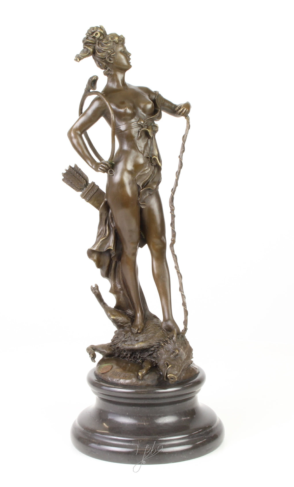 Bronzen Diana met boog - marmeren sokkel