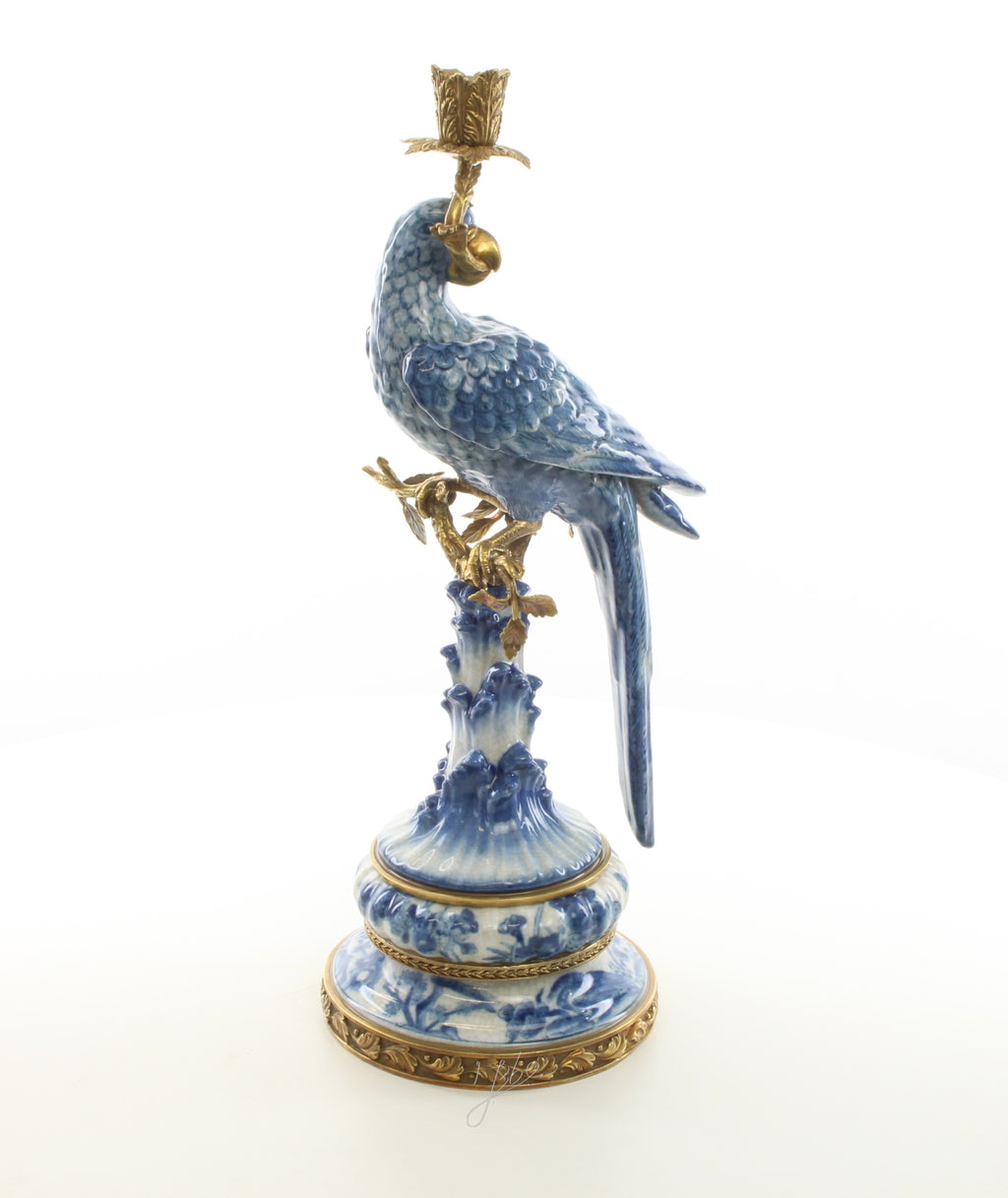 Papegaai – Porseleinen kandelaar, brons – 50,7 cm