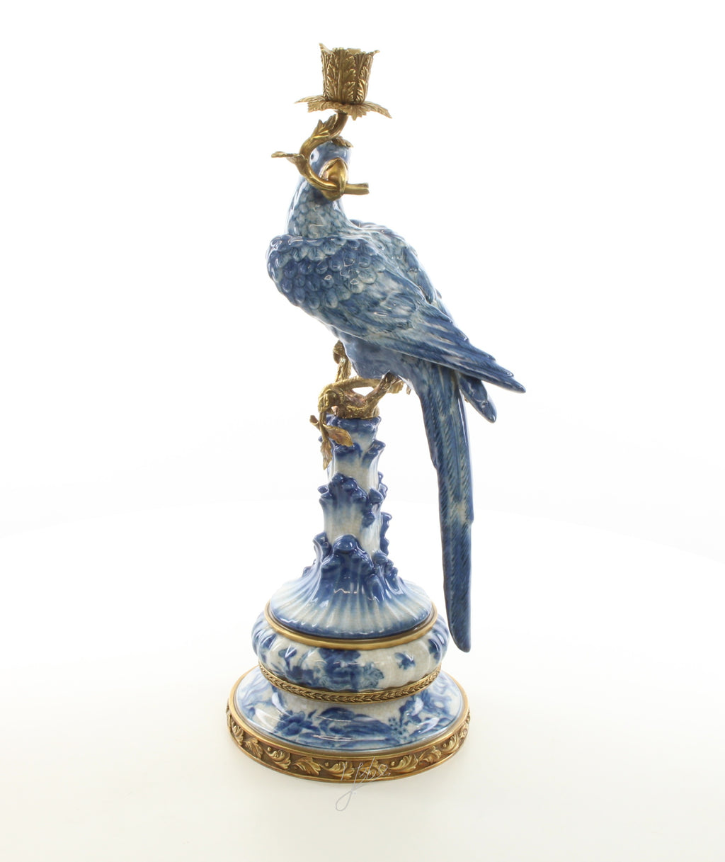 Papegaai – Porseleinen kandelaar, brons – 50,7 cm