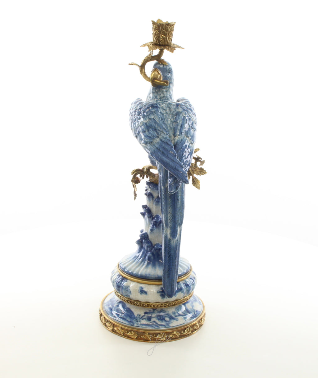 Papegaai – Porseleinen kandelaar, brons – 50,7 cm