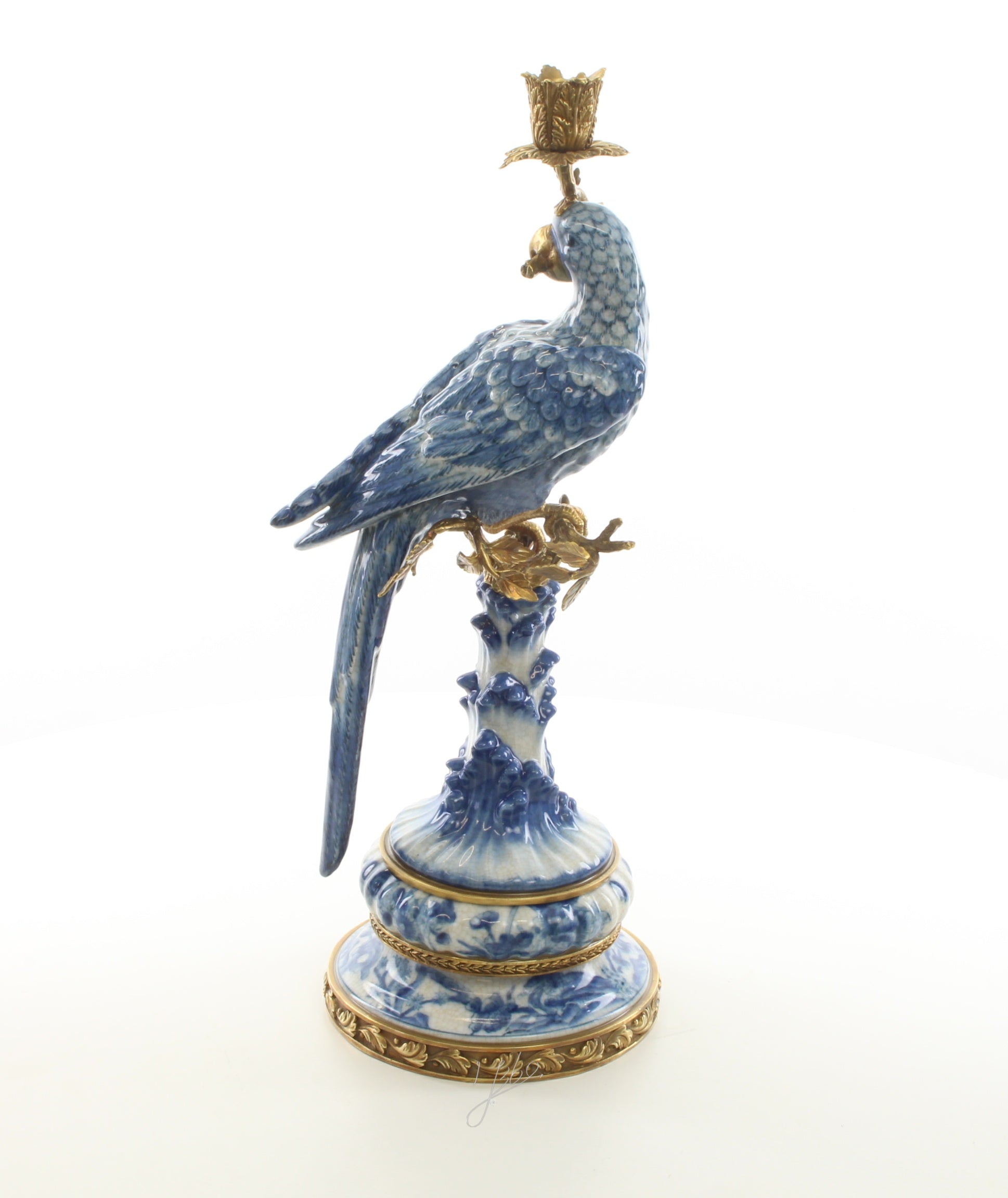 Papegaai – Porseleinen kandelaar, brons – 50,7 cm
