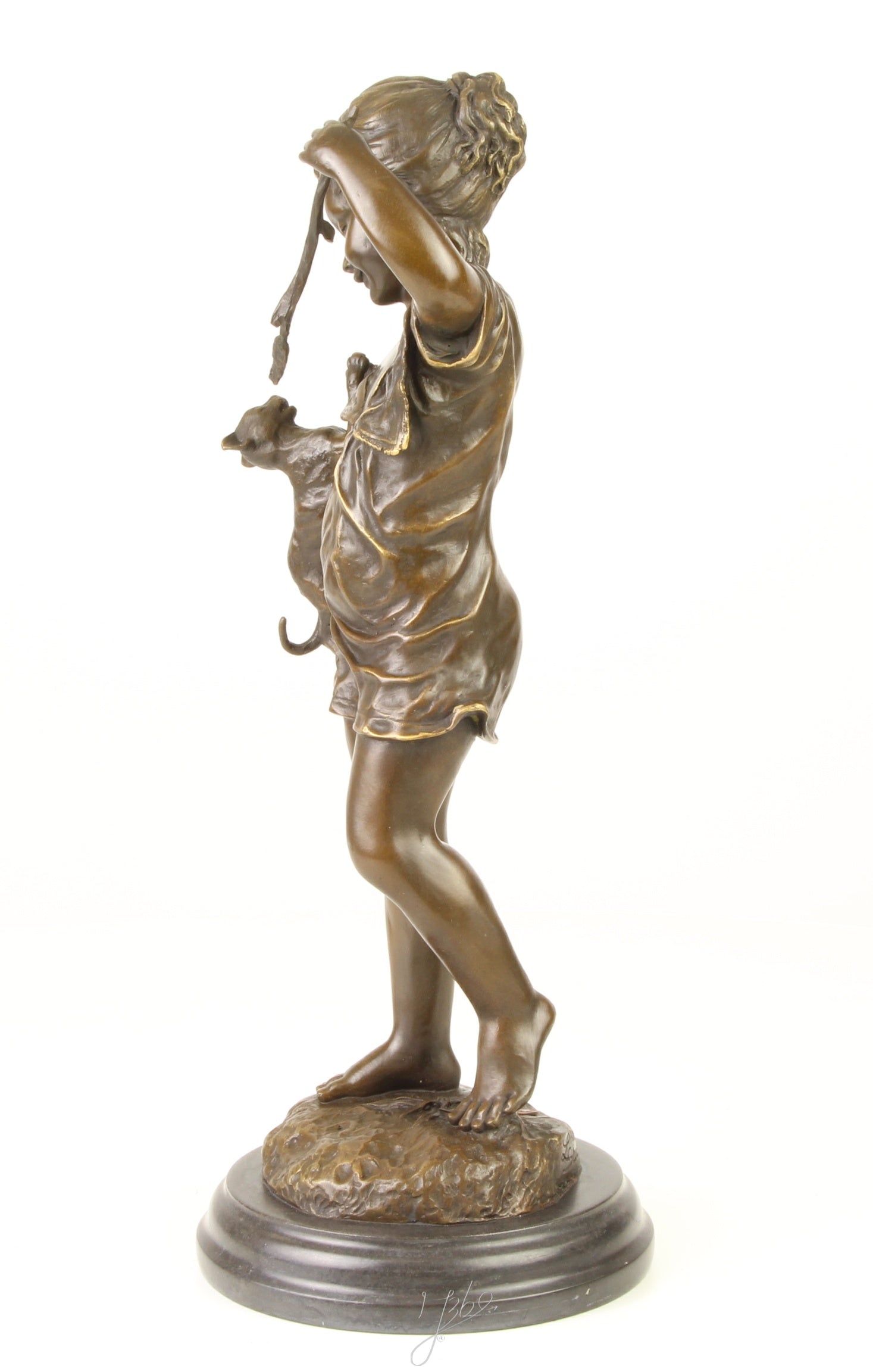 Meisje met Kat - Bronzen sculptuur - 39 cm