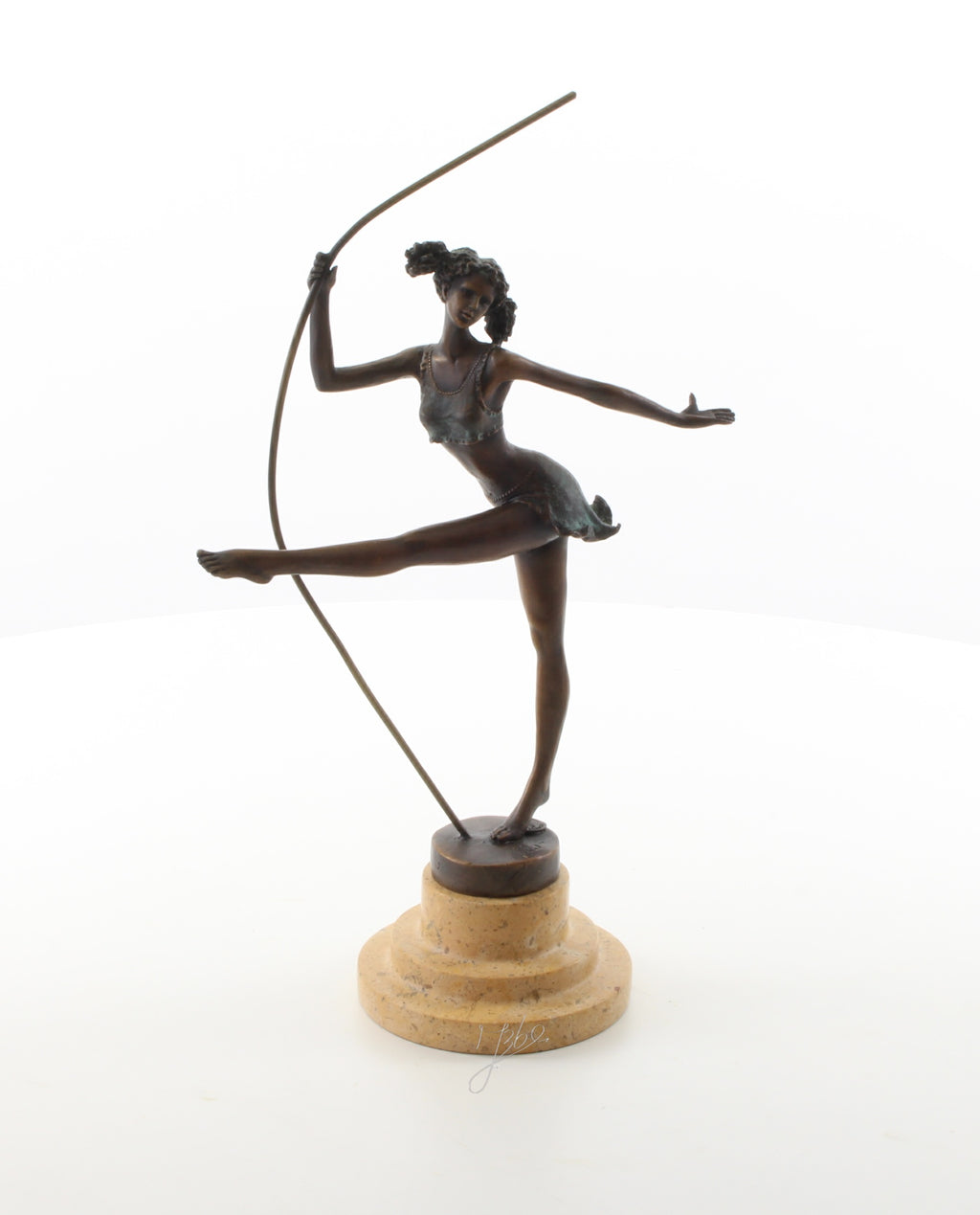 Bronzen ballerina met stok - marmer sokkel