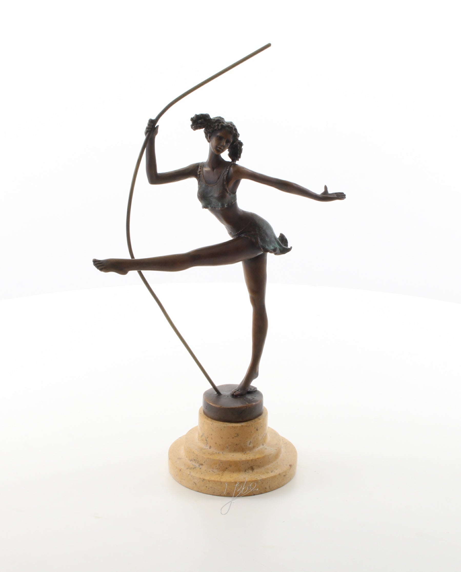 Bronzen ballerina met stok - marmer sokkel