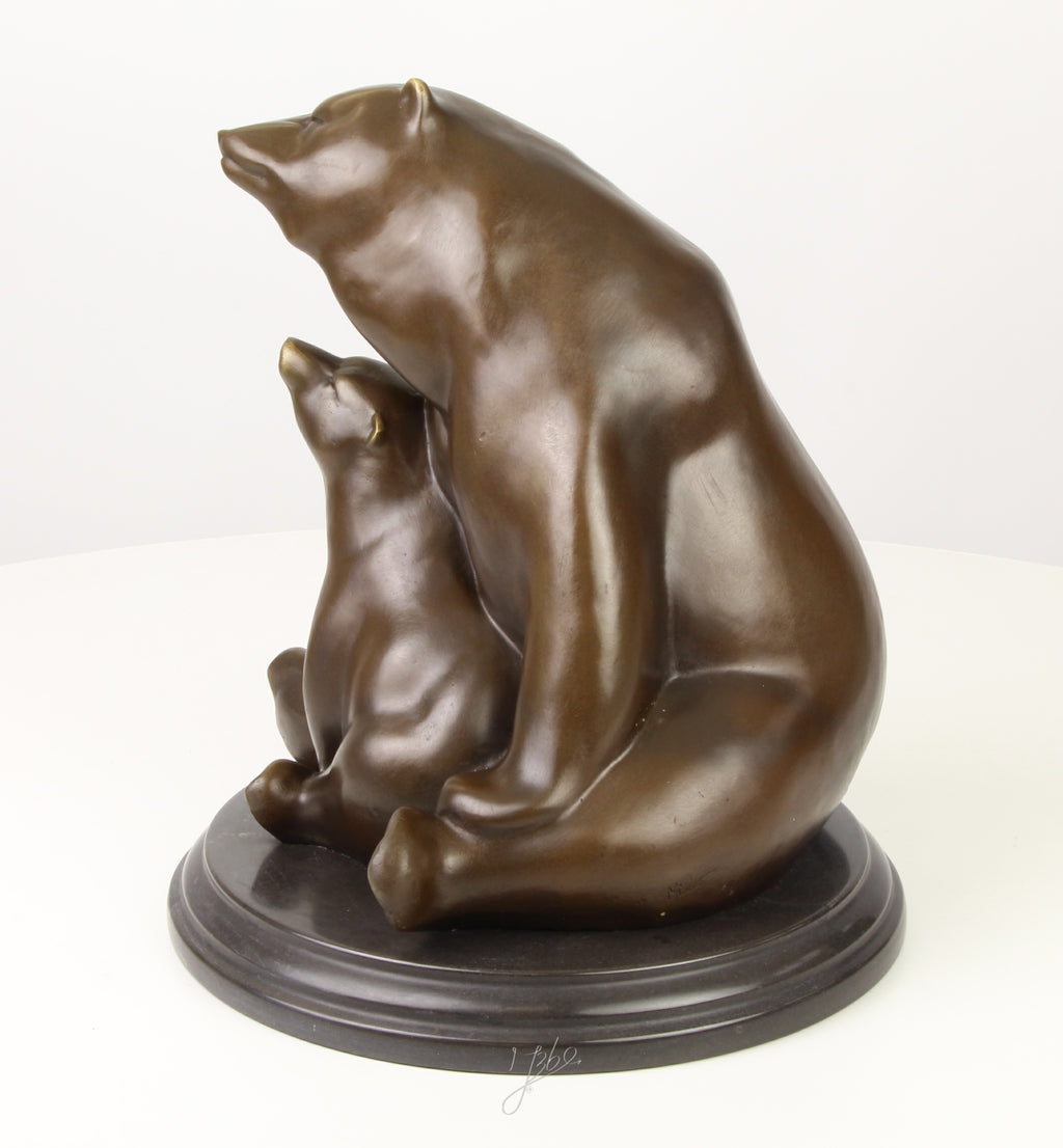 Bronzen beren (moeder met jong) - marmer sokkel