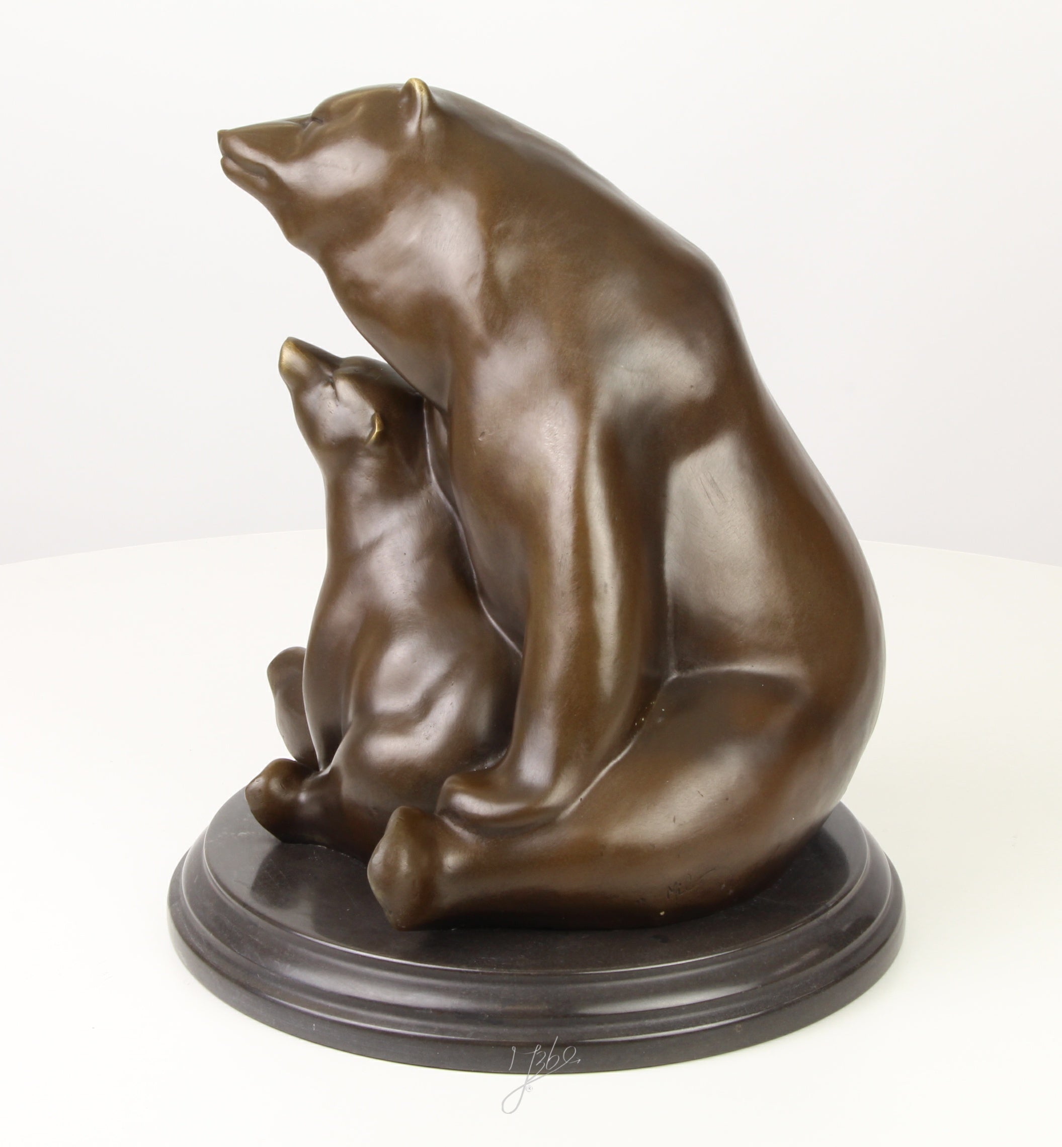 Bronzen beren (moeder met jong) - marmer sokkel