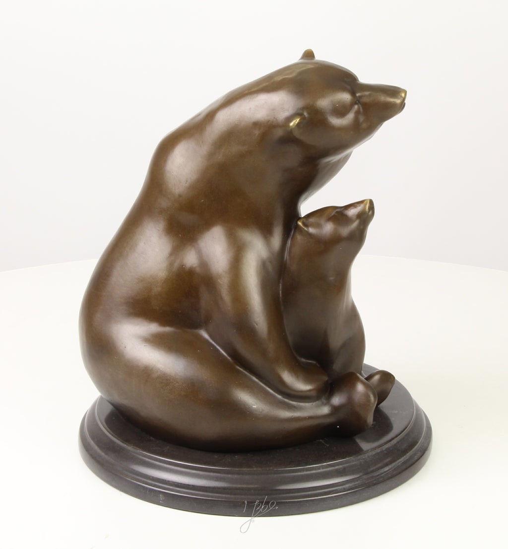 Bronzen beren (moeder met jong) - marmer sokkel