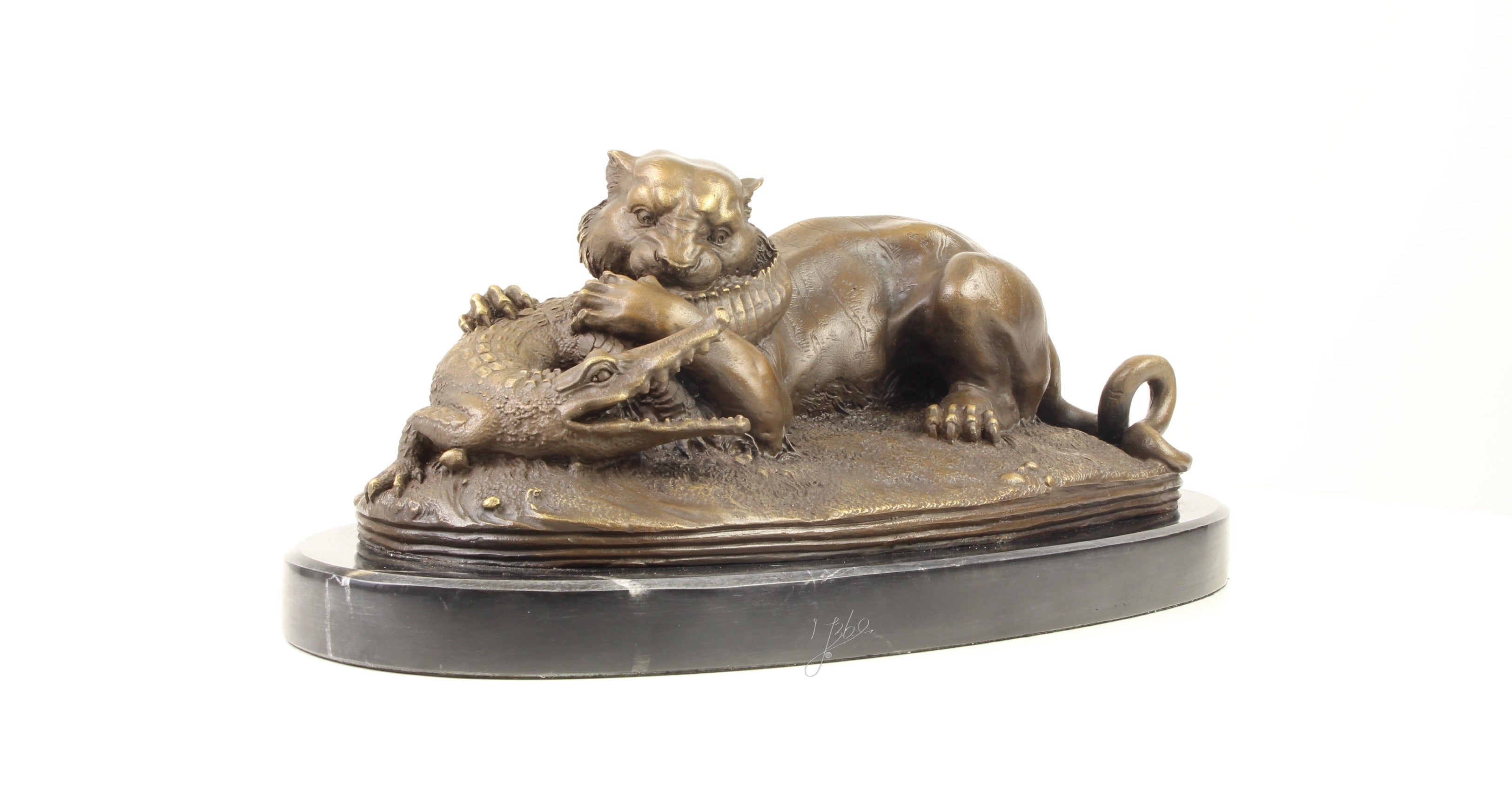 Tijger met gaviaal – Bronzen sculptuur