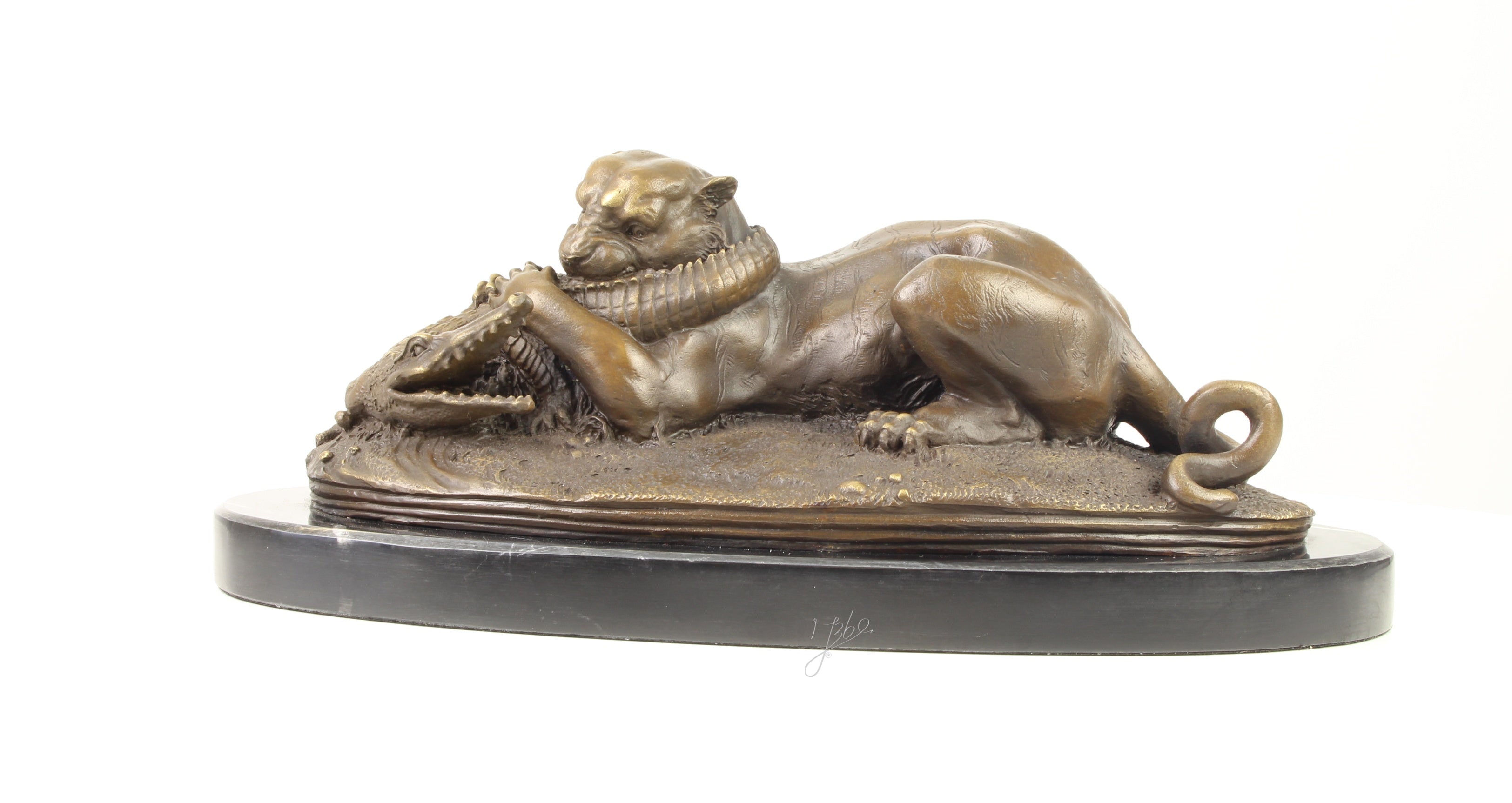 Tijger met gaviaal – Bronzen sculptuur