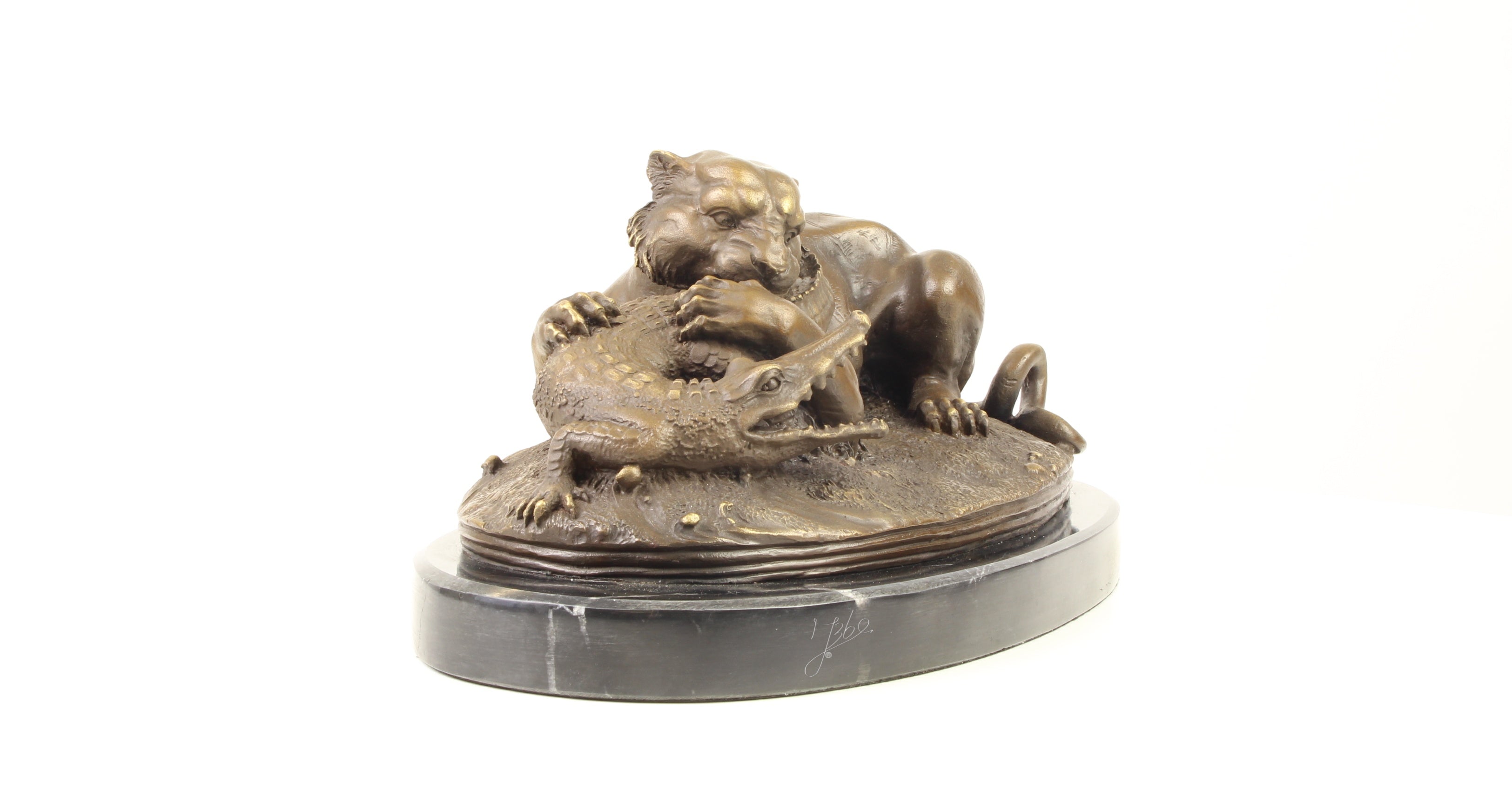 Tijger met gaviaal – Bronzen sculptuur