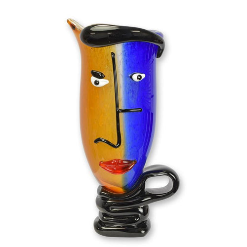 Murano-stijl abstracte glazen vaas met gezicht, oranje/blauw, 35 cm – glanzende zwarte details