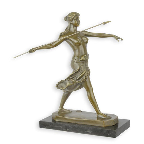 Bronzen sculptuur van Amazone krijger met speer op marmeren sokkel – 29,6 cm – VntiQue