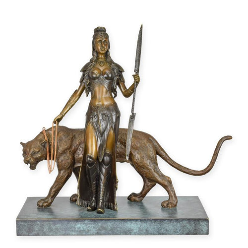 Bronzen beeld van amazone met speer en panter op sokkel – 36,2 cm – VntiQue