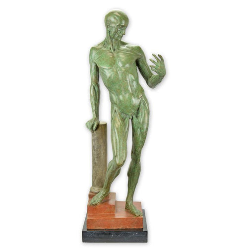 Bronzen anatomische écorché man met groen patina op gelaagde marmeren sokkel – 67,4 cm – VntiQue