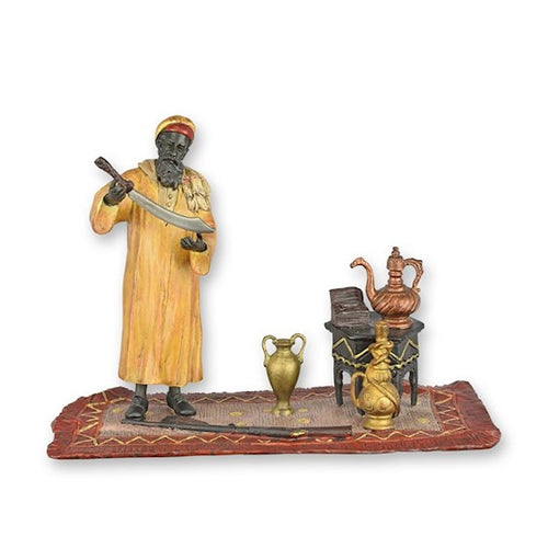 Bronzen beeld Arabische jager met zwaard full color op tapijt-basis 20,8 cm – VntiQue