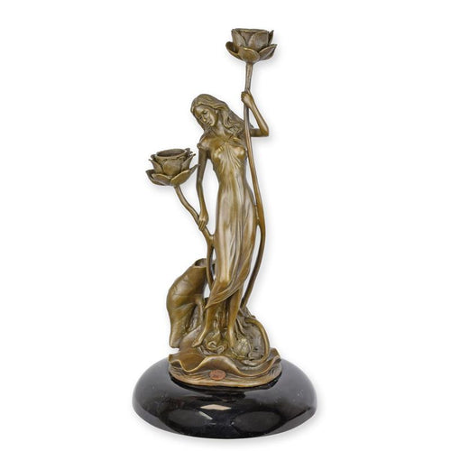 Bronzen Art Nouveau kandelaar op marmeren sokkel – 35,2 cm – VntiQue