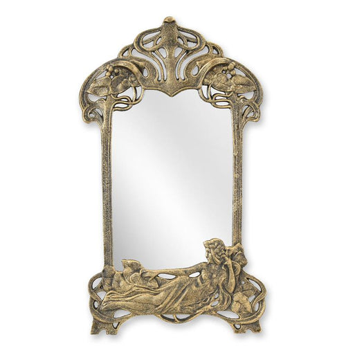 Gietijzeren art nouveau wandspiegel met opengewerkt frame en damesfiguur – 49,6 cm – VntiQue