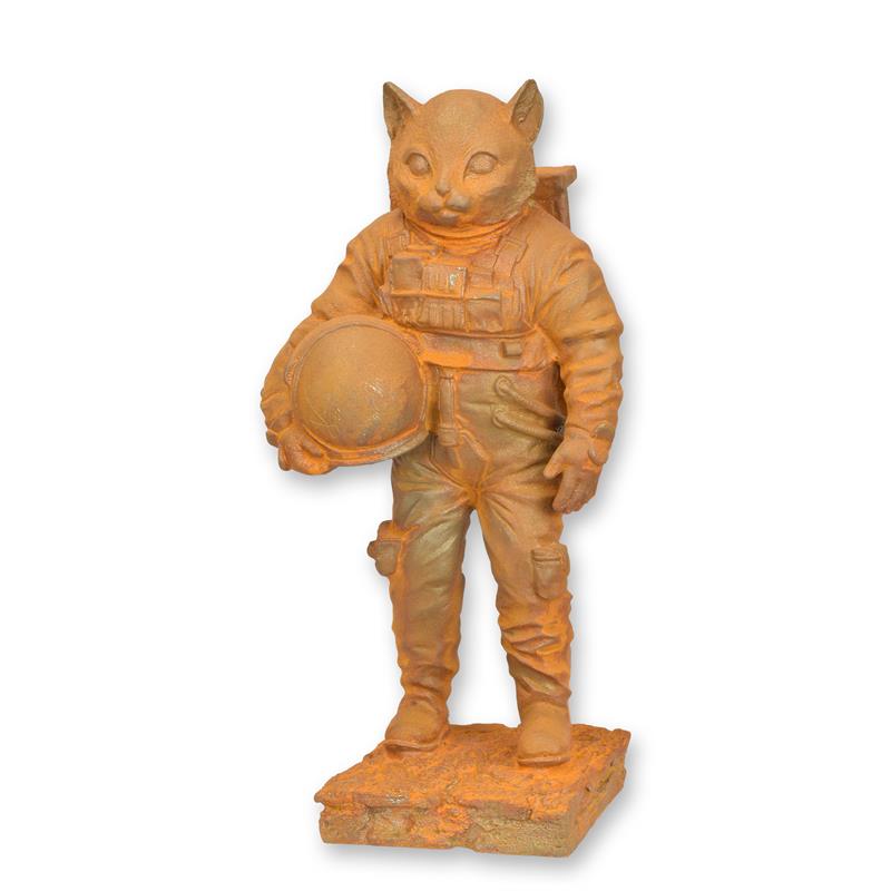 Gietijzeren astro-kat met helm, roestlook – 37 cm